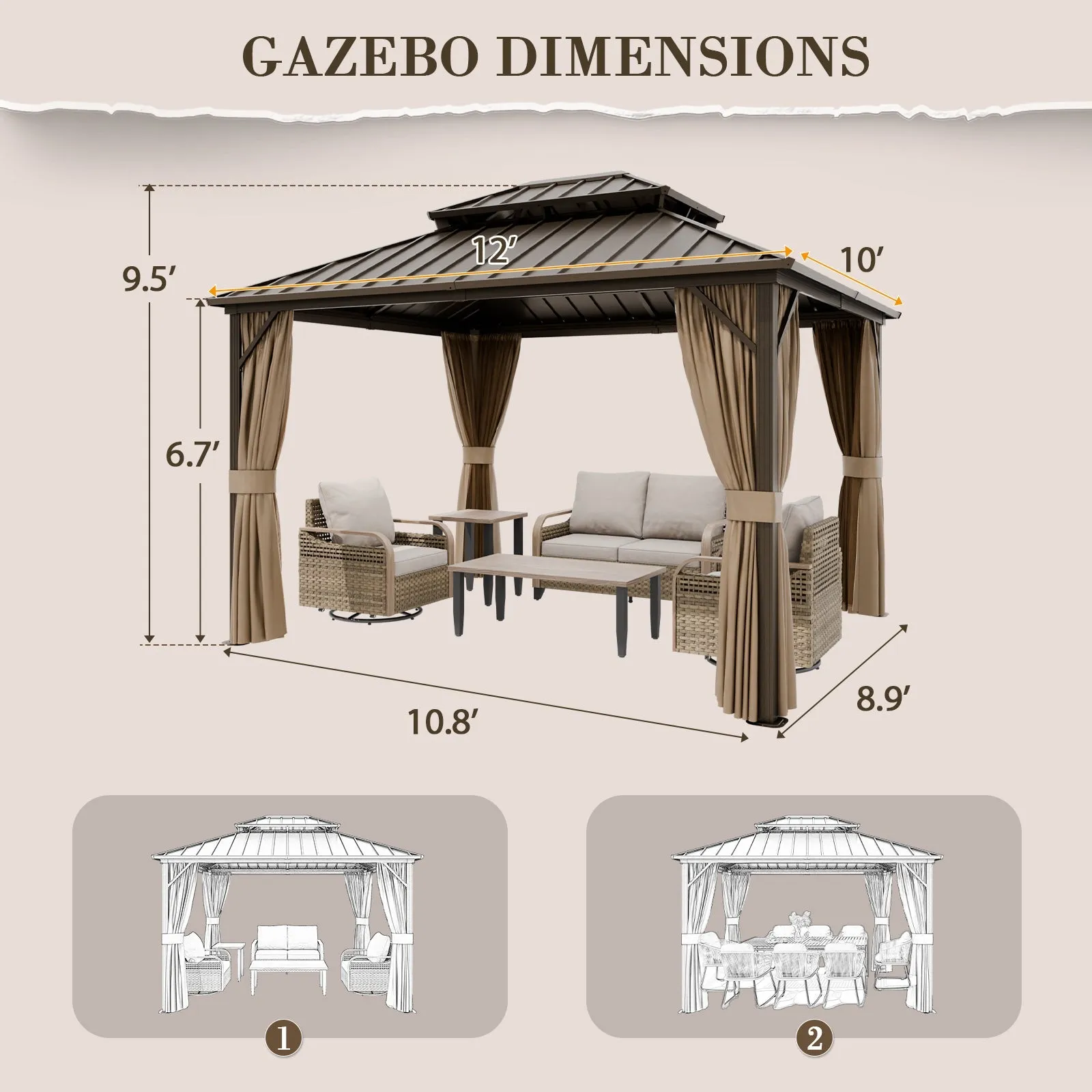 12x10 Hardtop Gazebo, Galvanized Steel Double Roof with Aluminum Frame