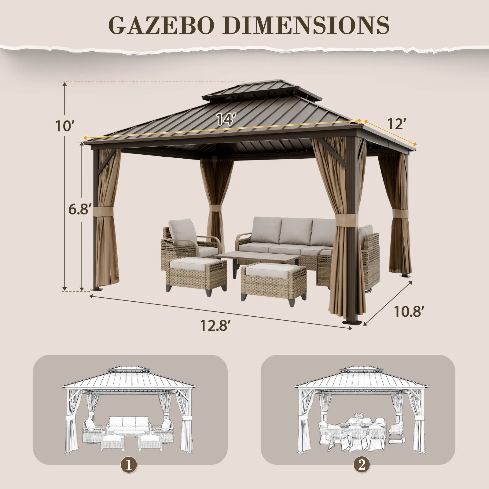 12x14 Hardtop Gazebo, Galvanized Steel Double Roof with Aluminum Frame