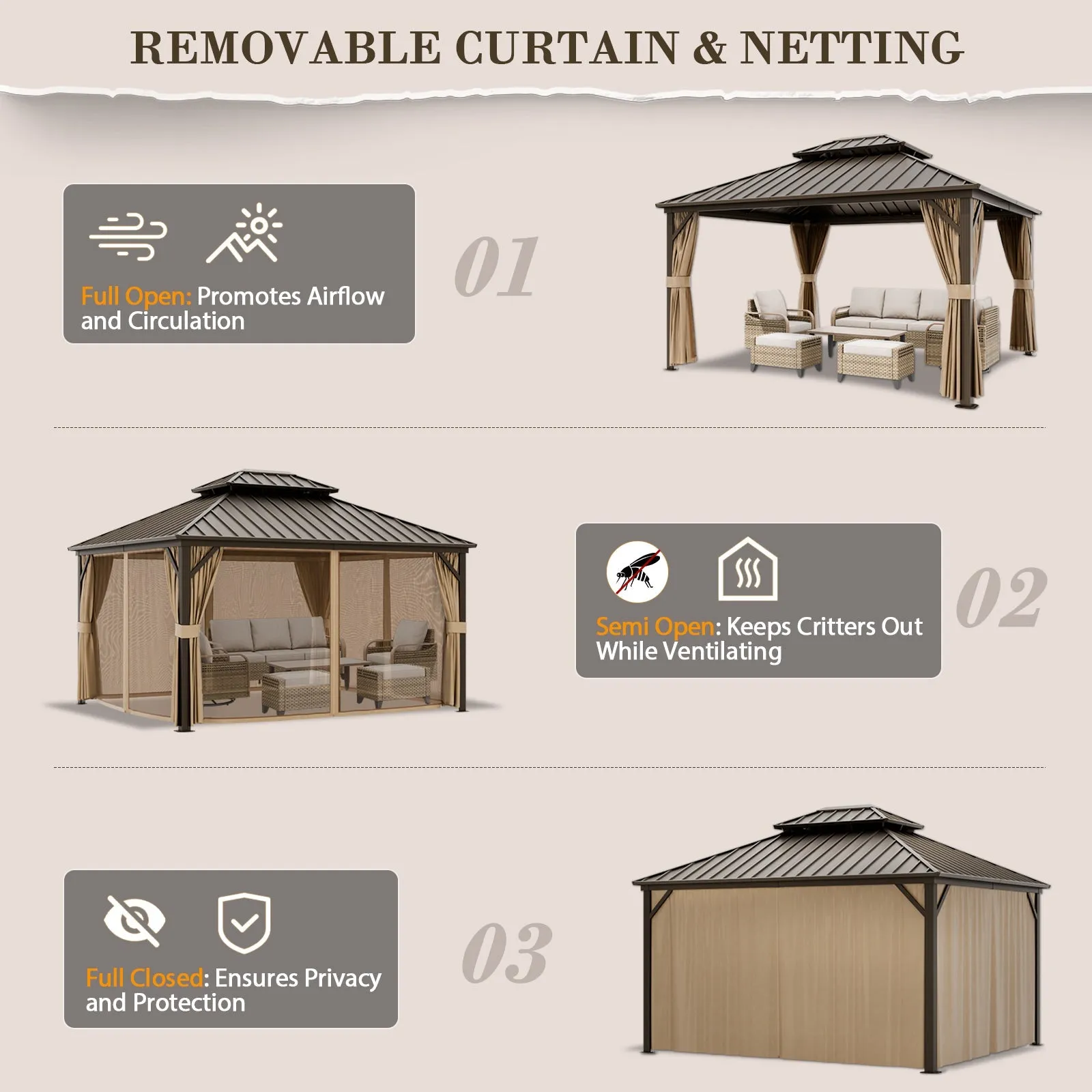 12x14 Hardtop Gazebo, Galvanized Steel Double Roof with Aluminum Frame