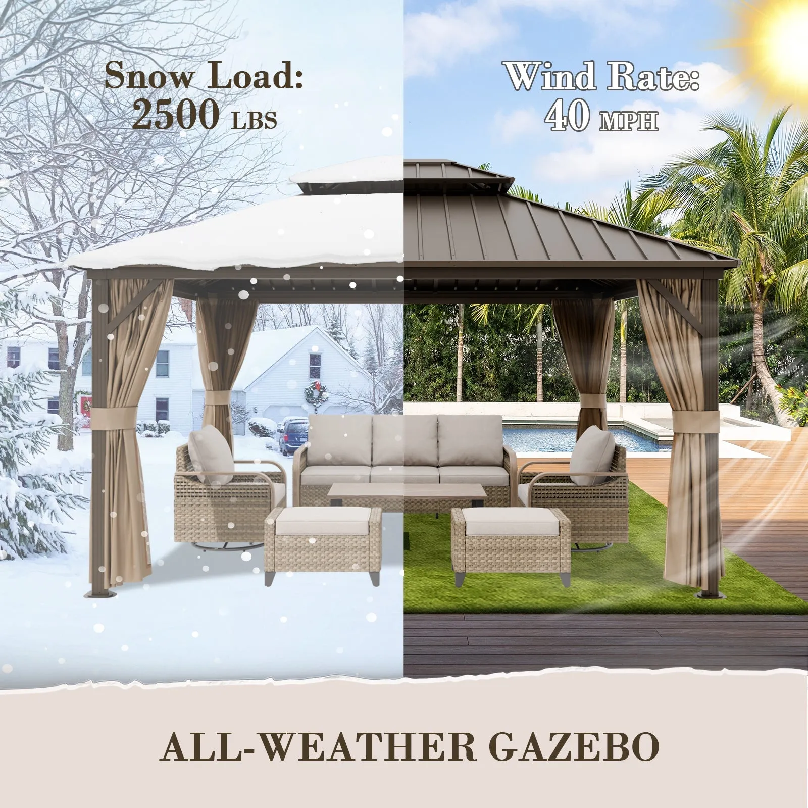 12x14 Hardtop Gazebo, Galvanized Steel Double Roof with Aluminum Frame