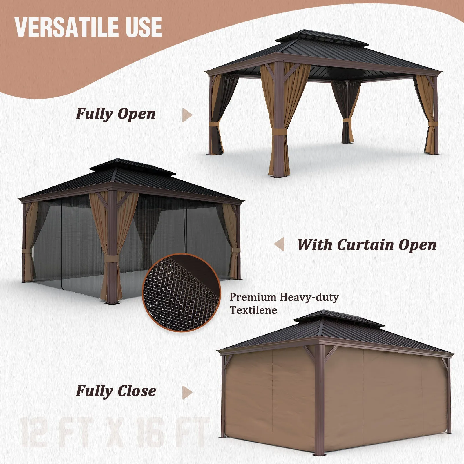 12x16 Aluminum Gazebo Galvanized Double Roof with Netting