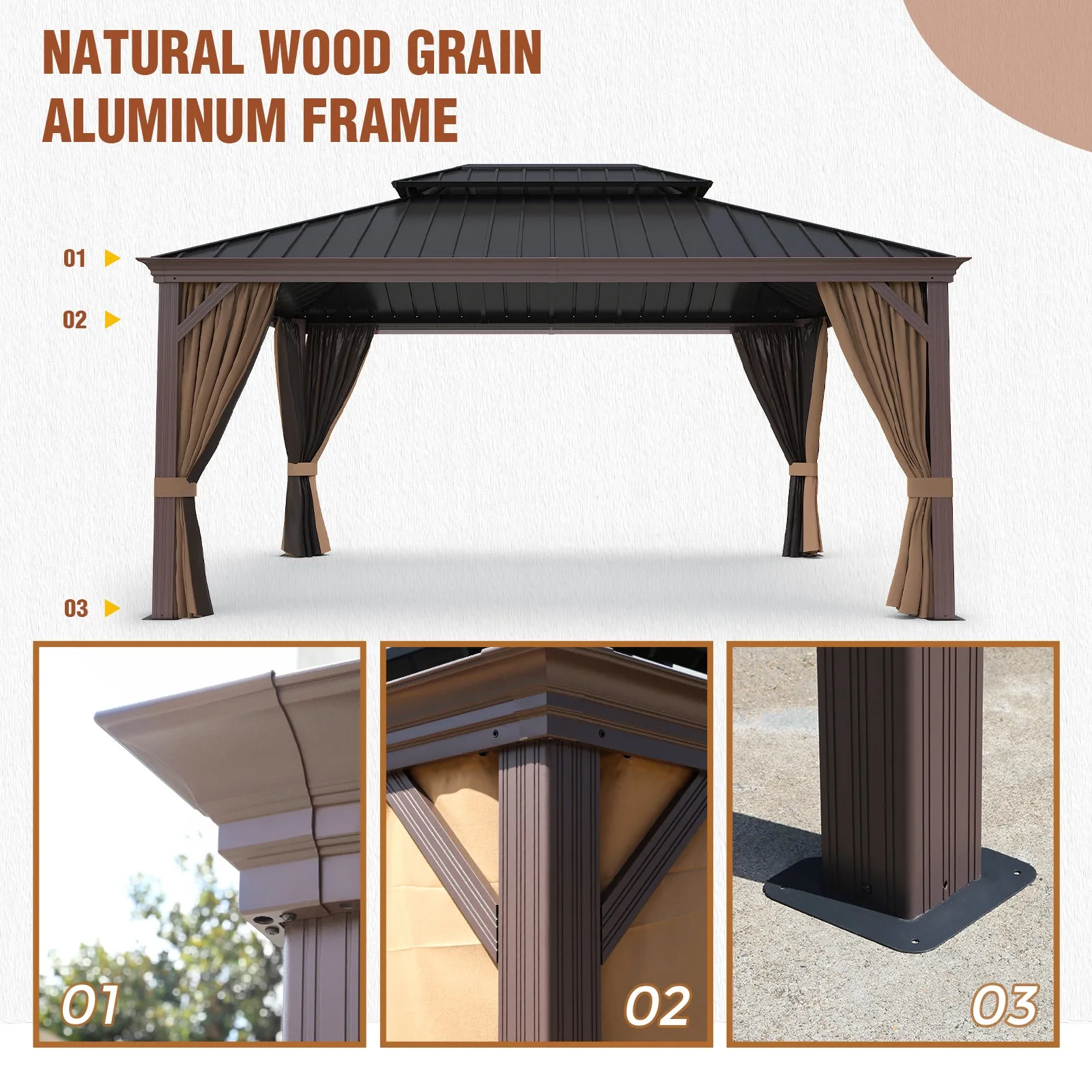 12x16 Aluminum Gazebo Galvanized Double Roof with Netting