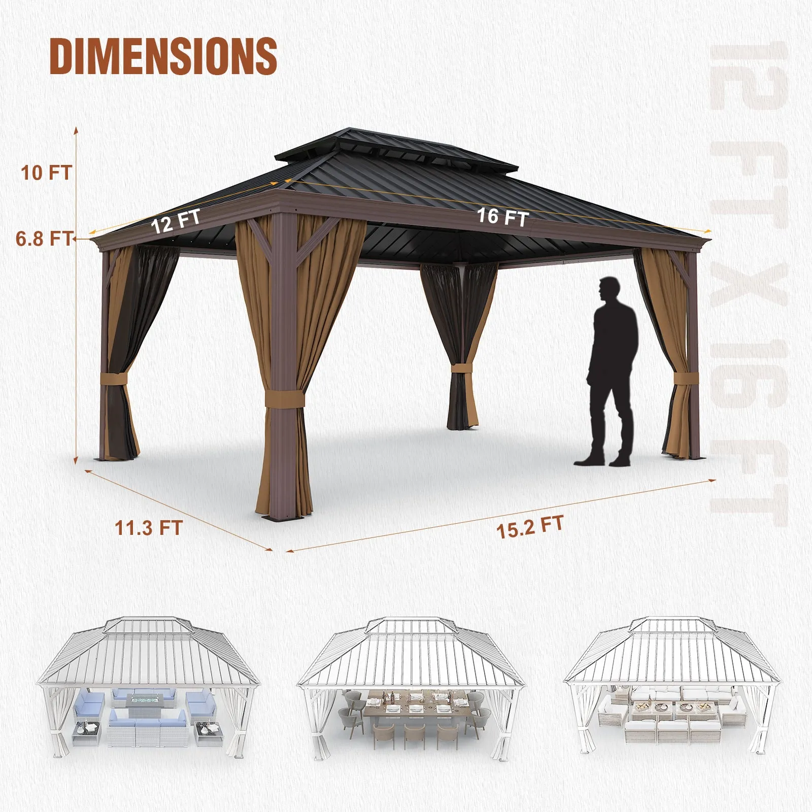 12x16 Aluminum Gazebo Galvanized Double Roof with Netting