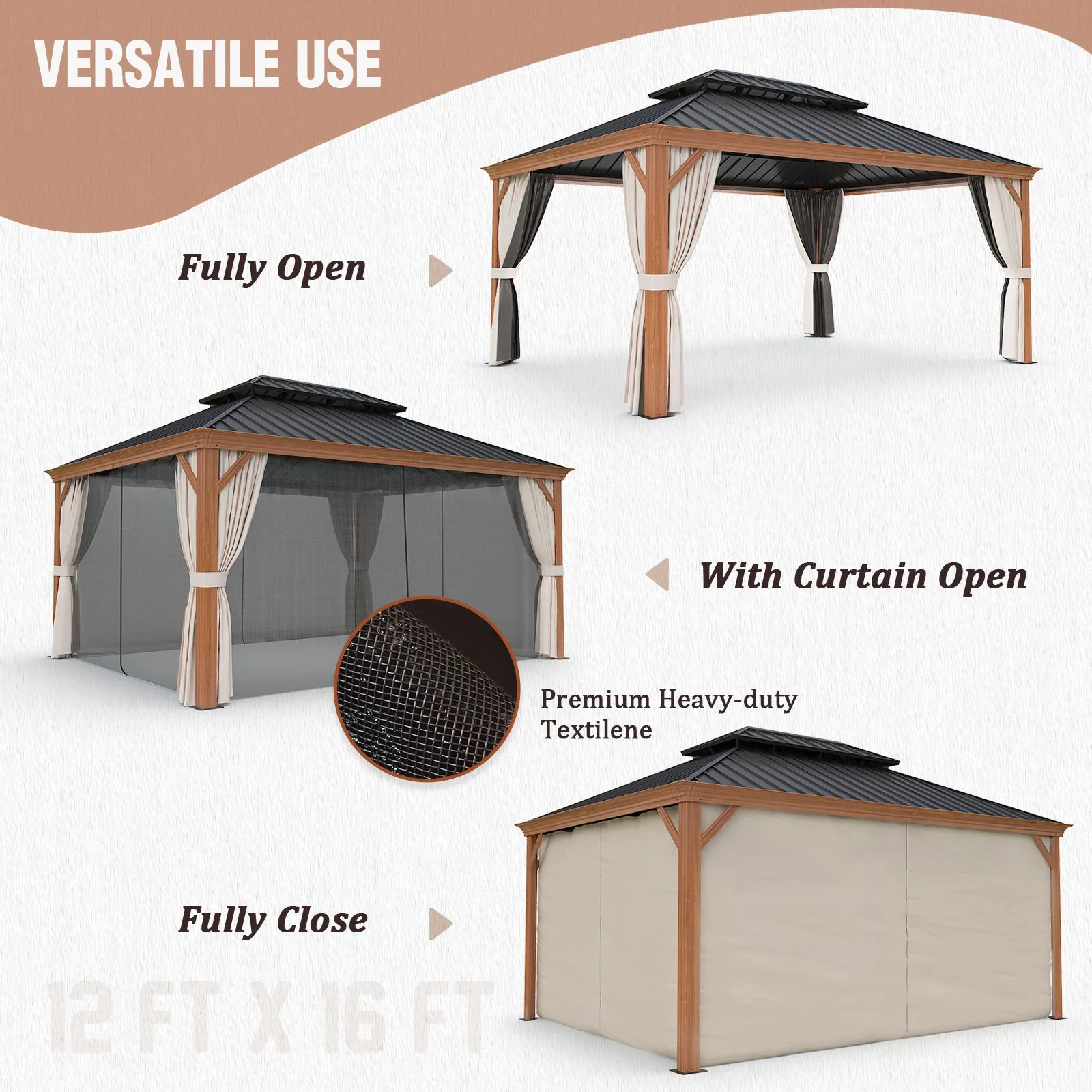 12x16 Aluminum Gazebo Galvanized Double Roof with Netting