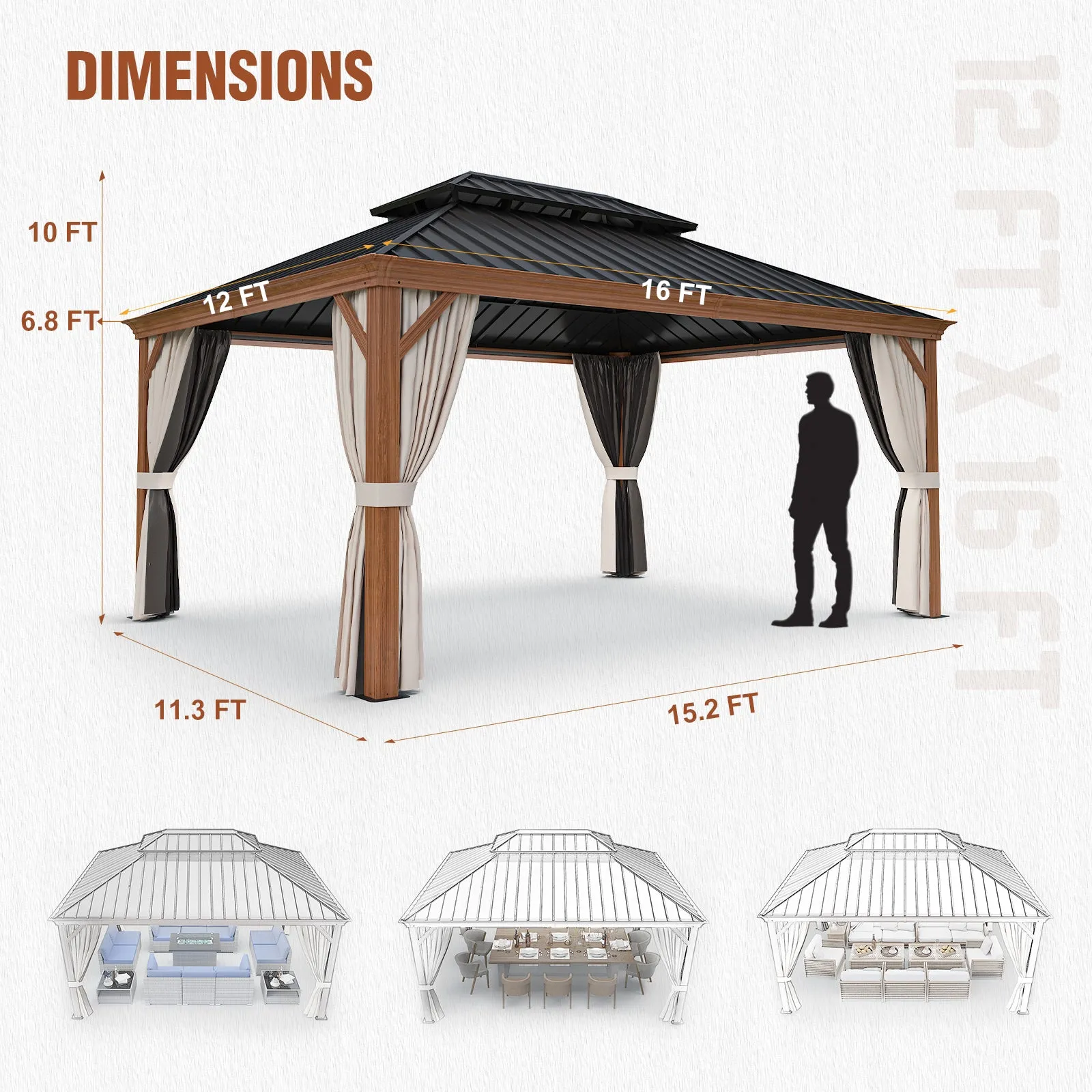 12x16 Aluminum Gazebo Galvanized Double Roof with Netting