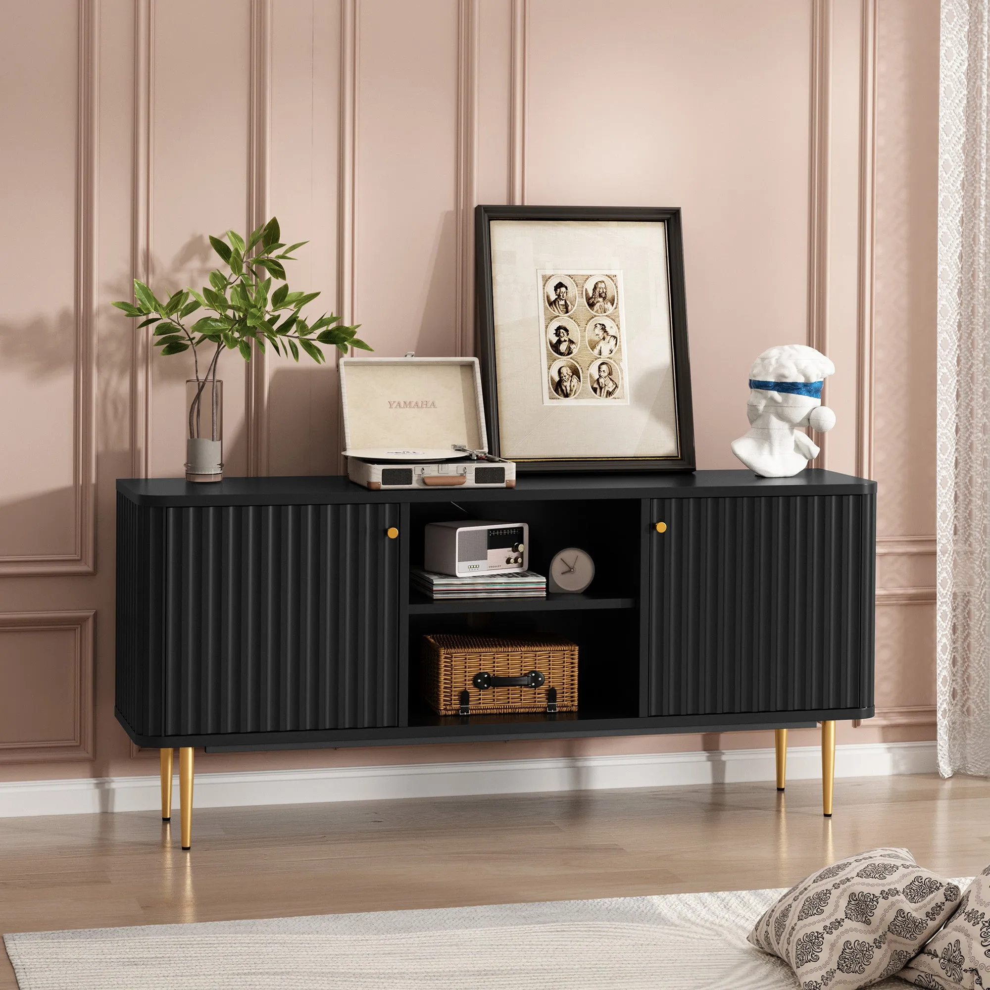 HLR Black Mid Century Modern Fluted TV Stand with Stylish Storage for Living Room & Bedroom
