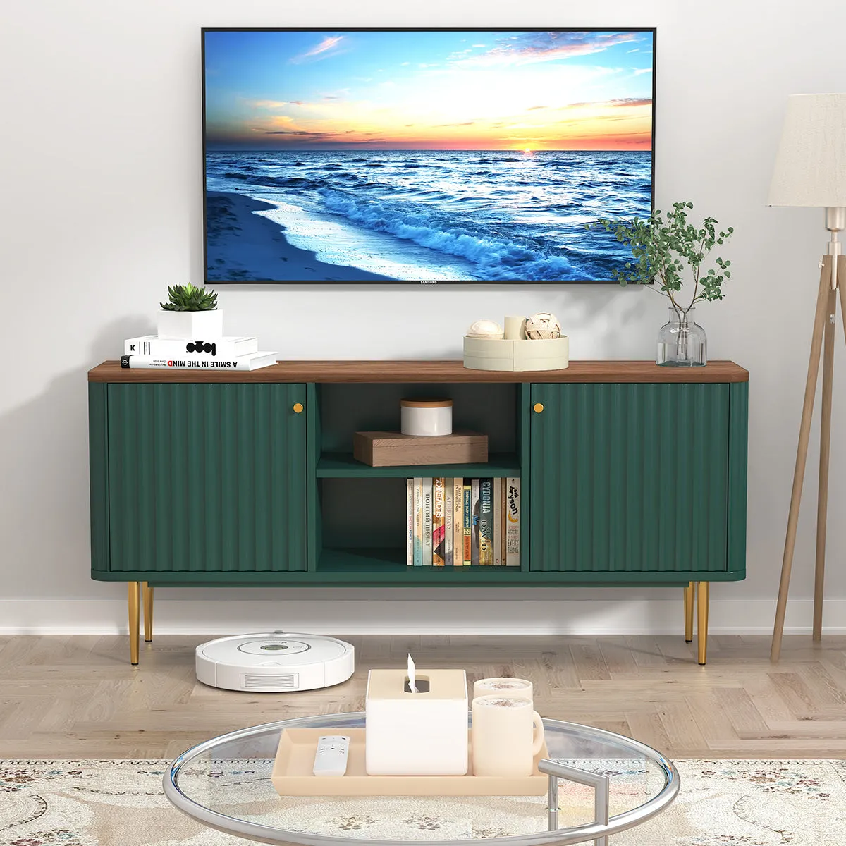 HLR Black Mid Century Modern Fluted TV Stand with Stylish Storage for Living Room & Bedroom