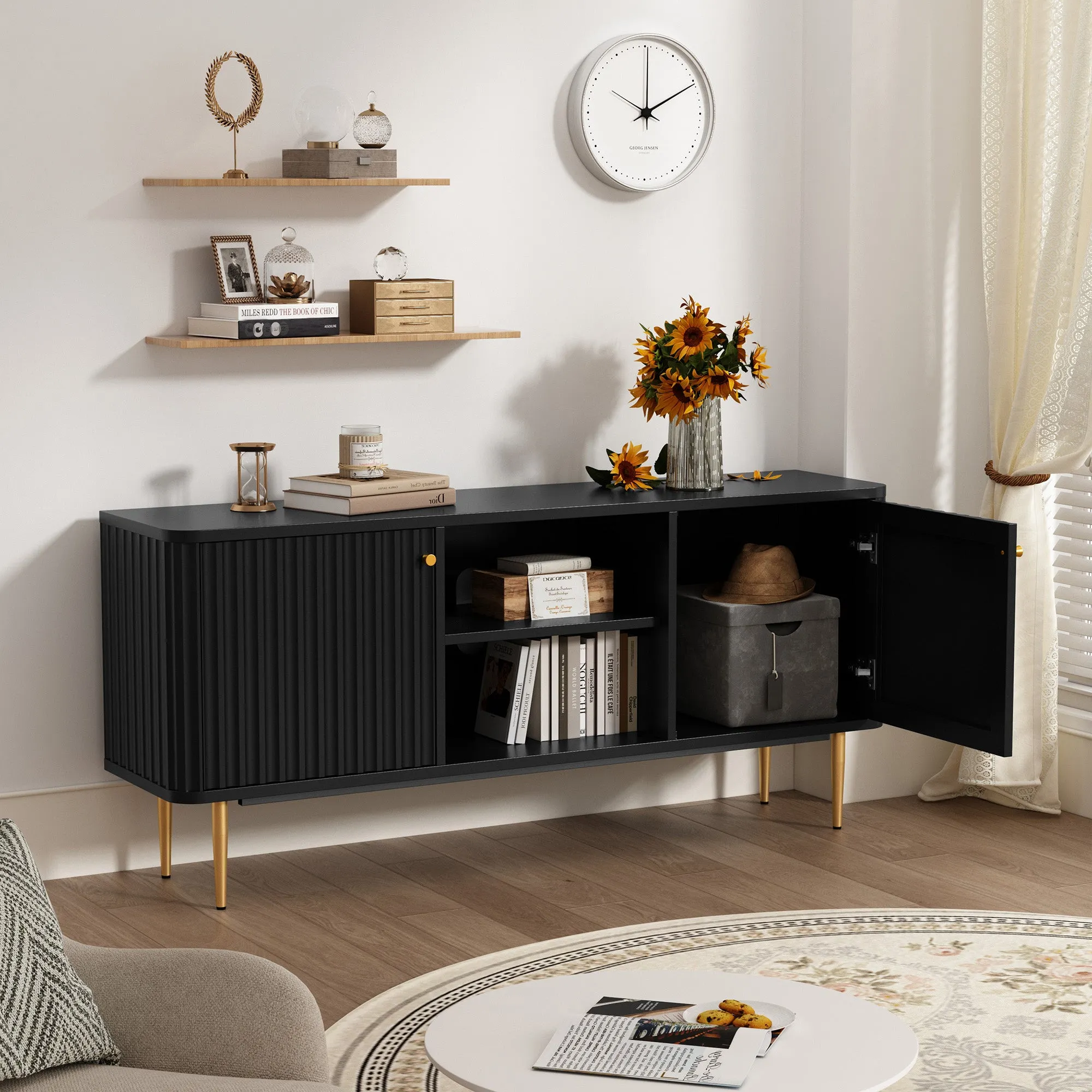 HLR Black Mid Century Modern Fluted TV Stand with Stylish Storage for Living Room & Bedroom