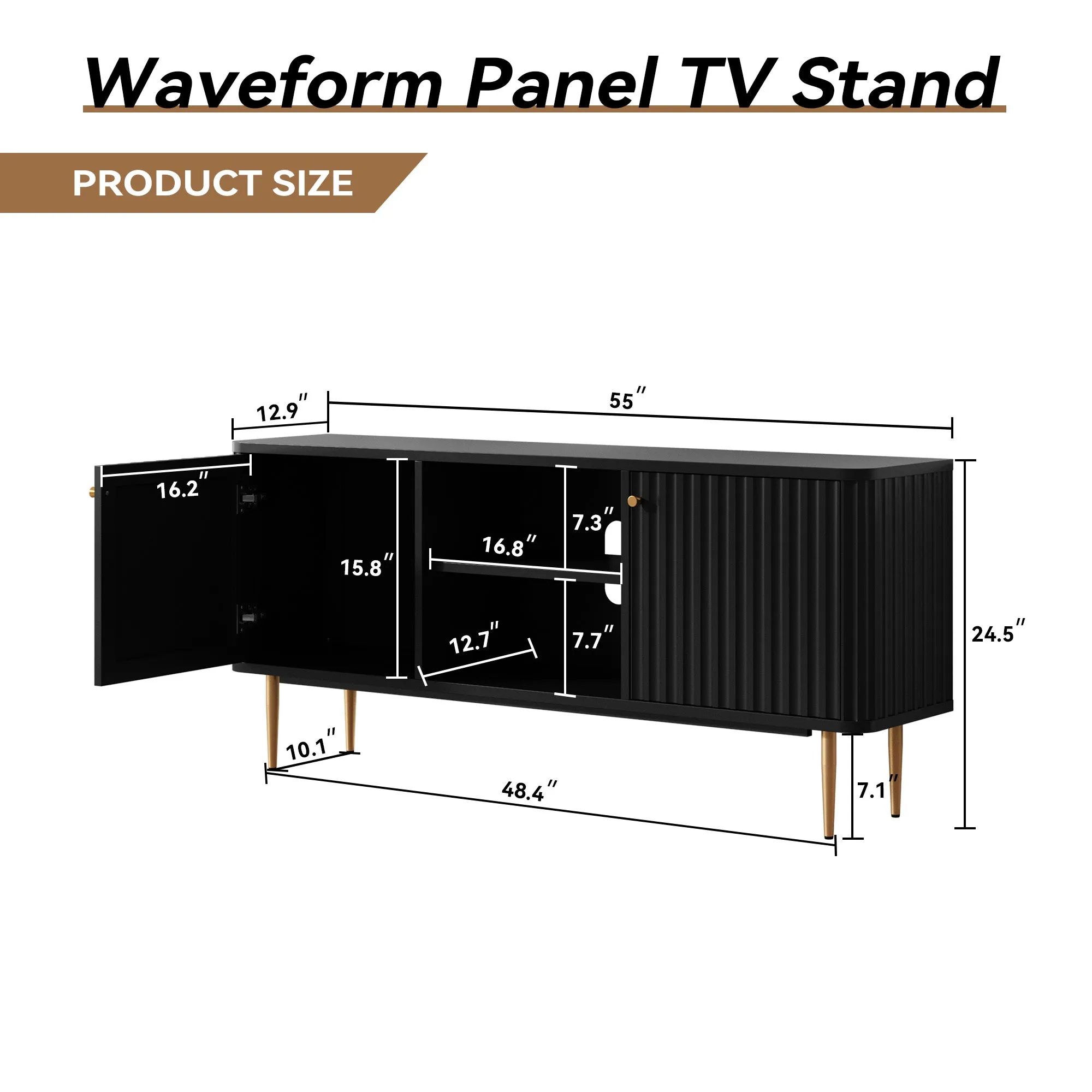 HLR Black Mid Century Modern Fluted TV Stand with Stylish Storage for Living Room & Bedroom