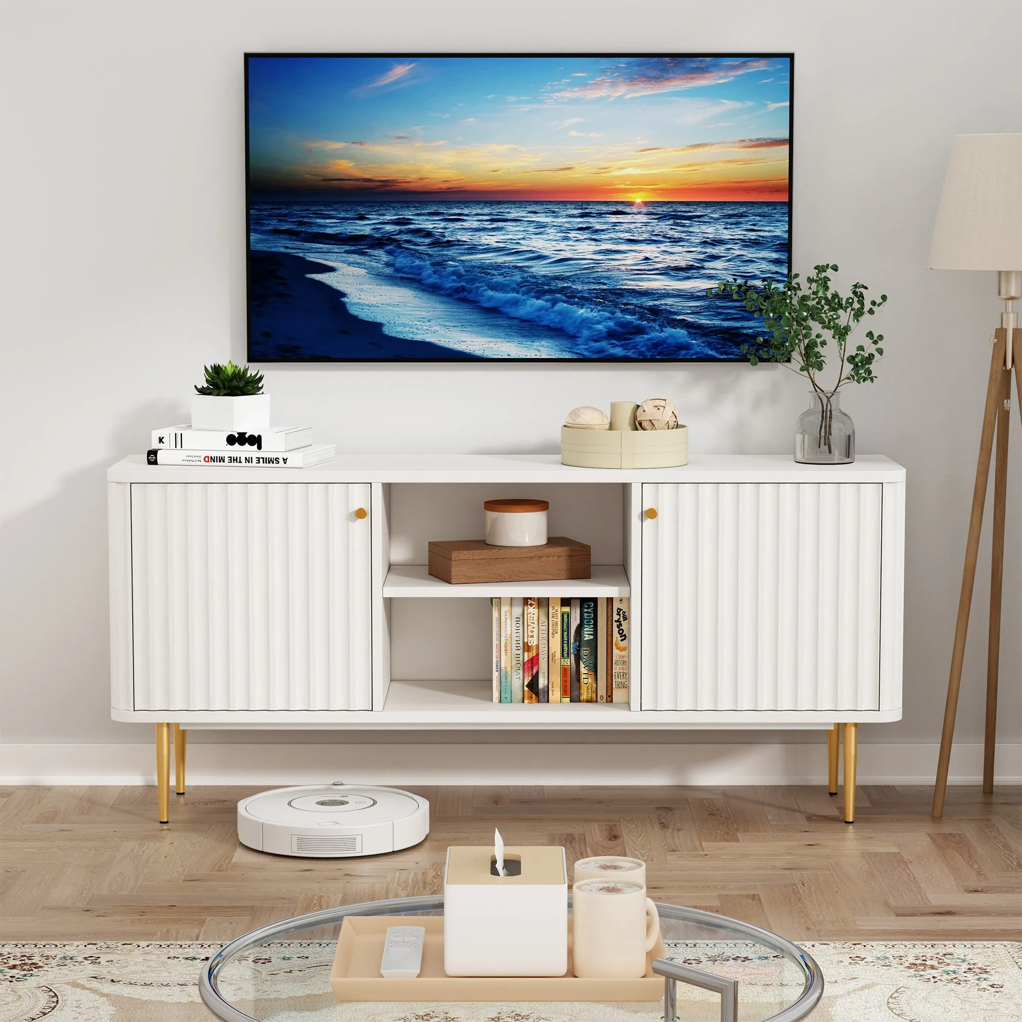 HLR Black Mid Century Modern Fluted TV Stand with Stylish Storage for Living Room & Bedroom