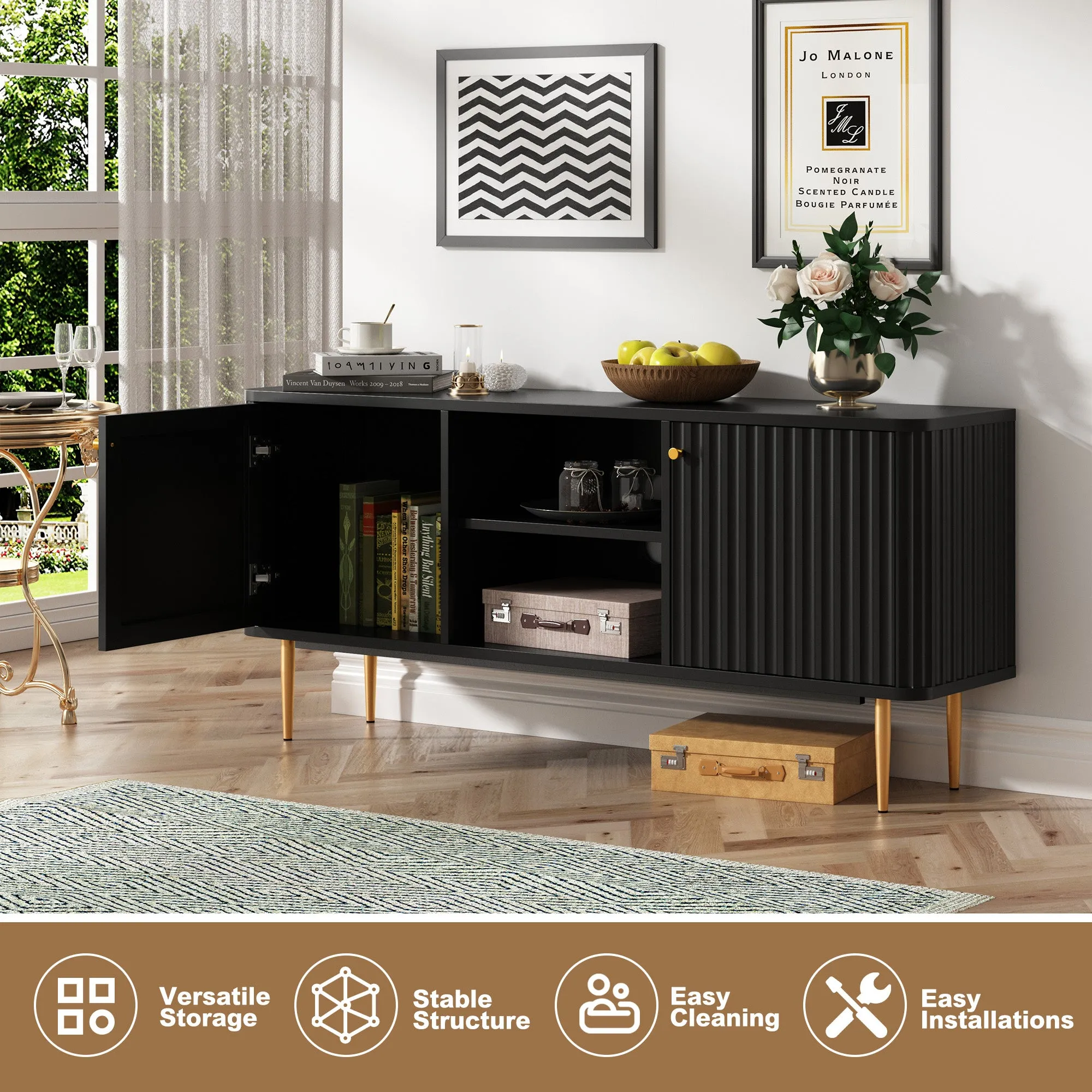 HLR Black Mid Century Modern Fluted TV Stand with Stylish Storage for Living Room & Bedroom