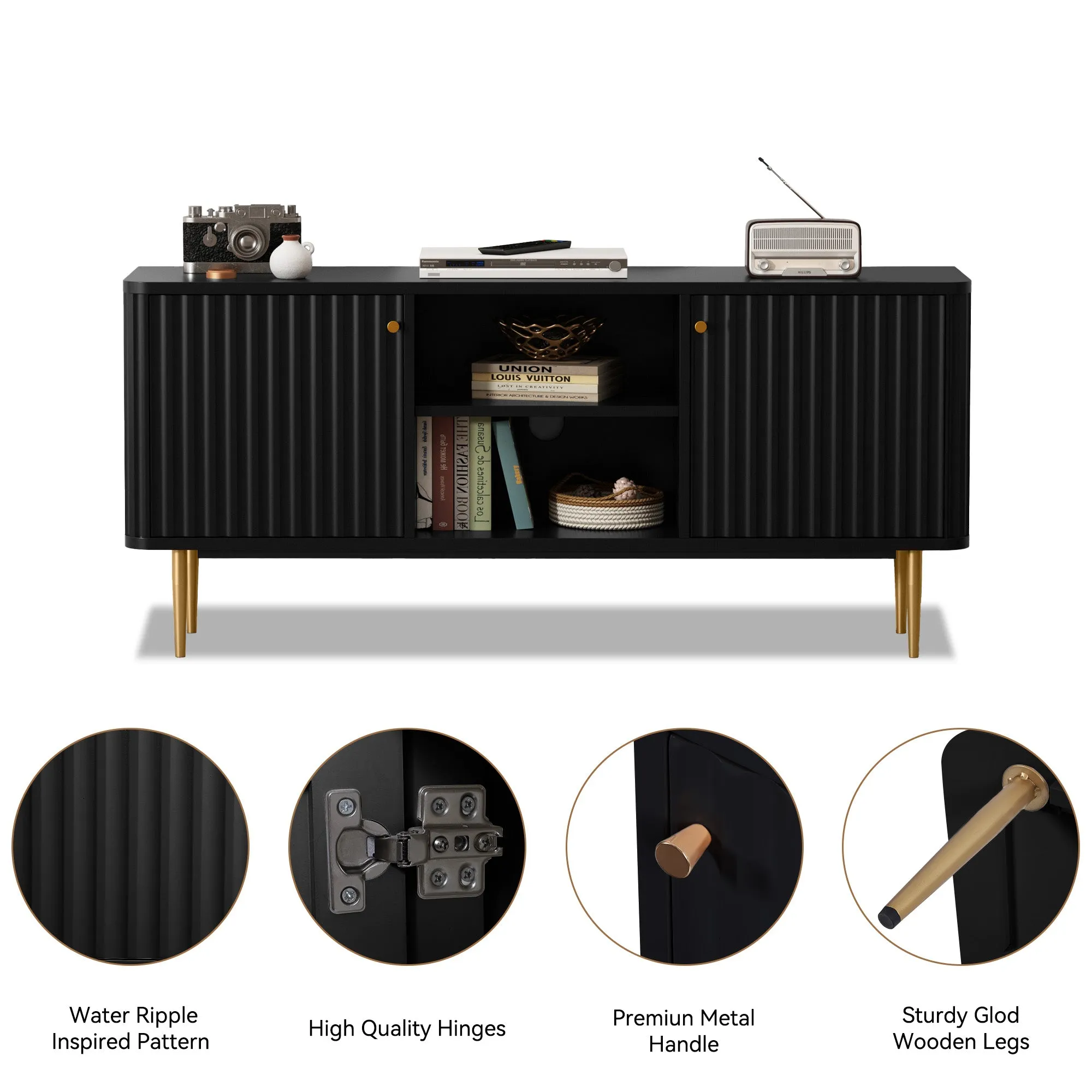 HLR Black Mid Century Modern Fluted TV Stand with Stylish Storage for Living Room & Bedroom