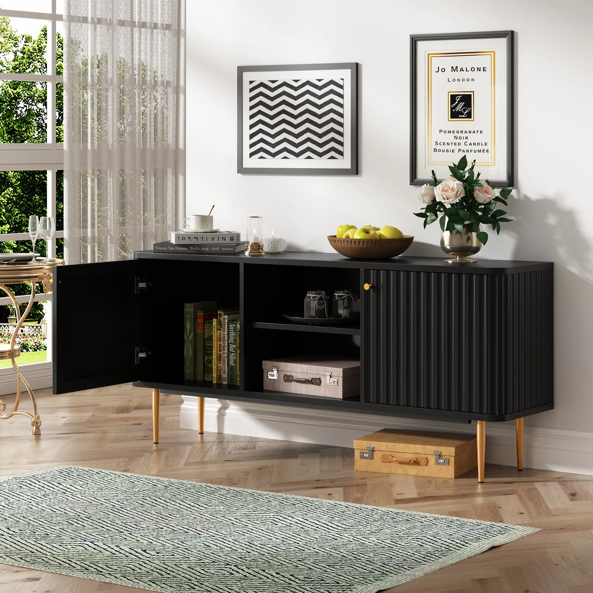 HLR Black Mid Century Modern Fluted TV Stand with Stylish Storage for Living Room & Bedroom