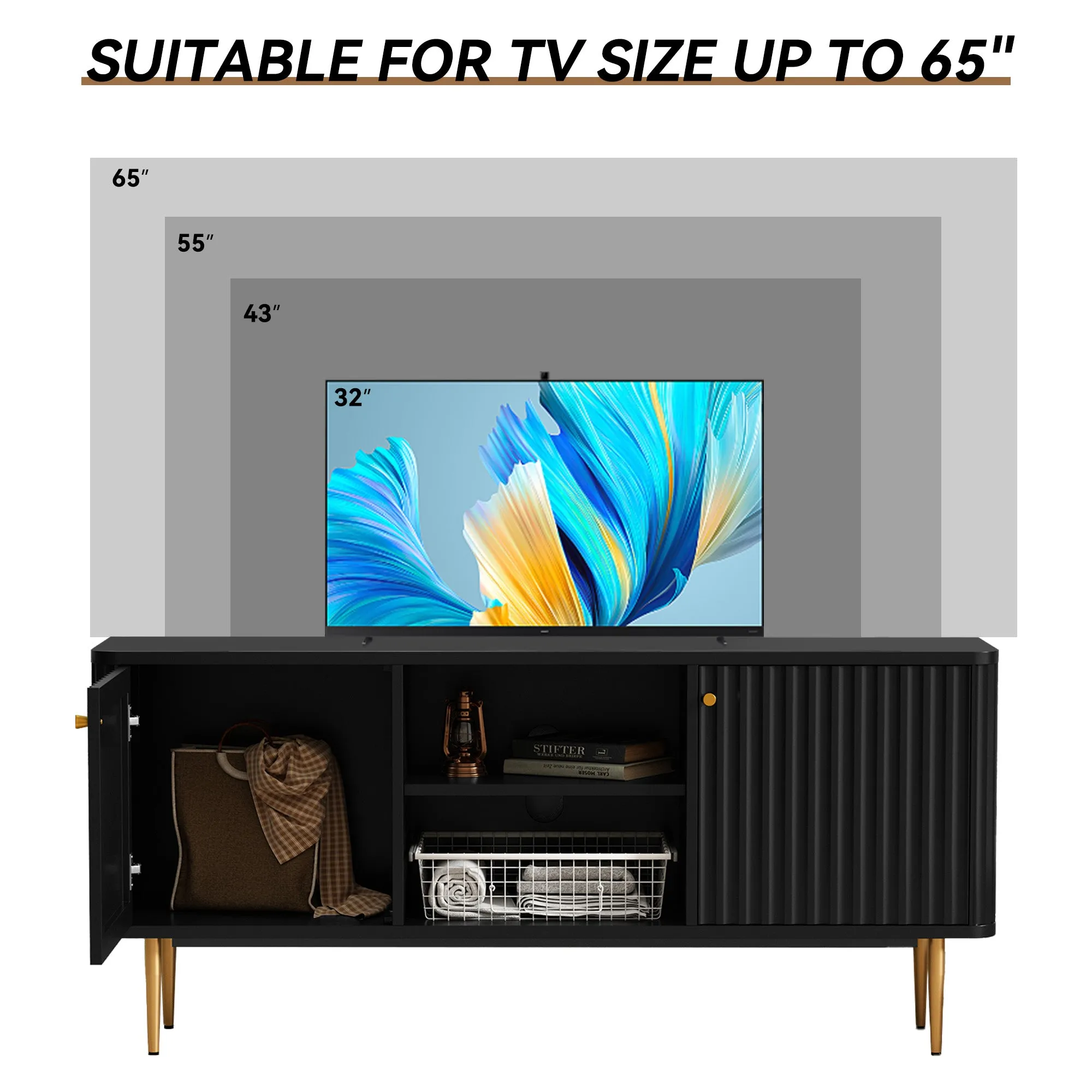 HLR Black Mid Century Modern Fluted TV Stand with Stylish Storage for Living Room & Bedroom