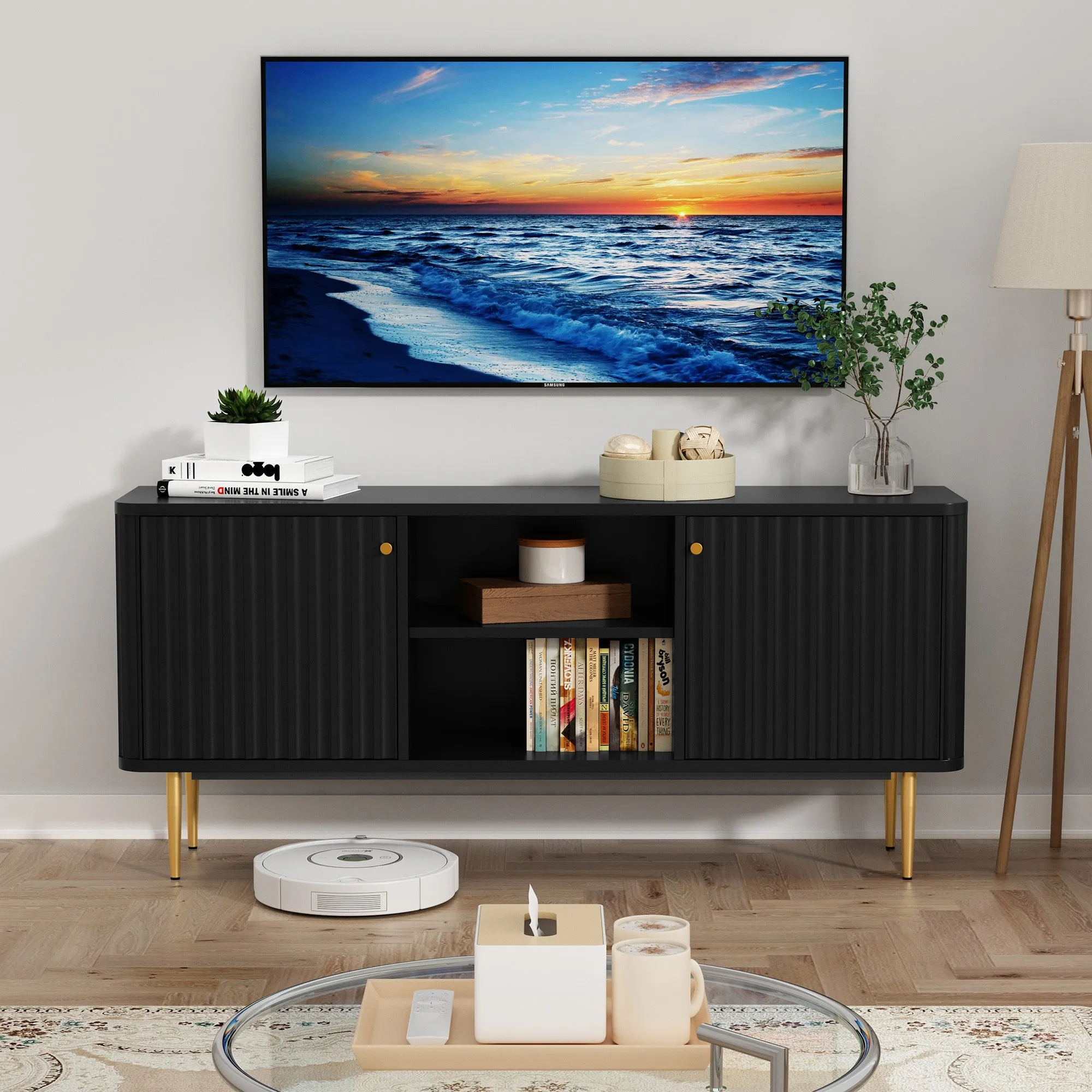HLR Black Mid Century Modern Fluted TV Stand with Stylish Storage for Living Room & Bedroom