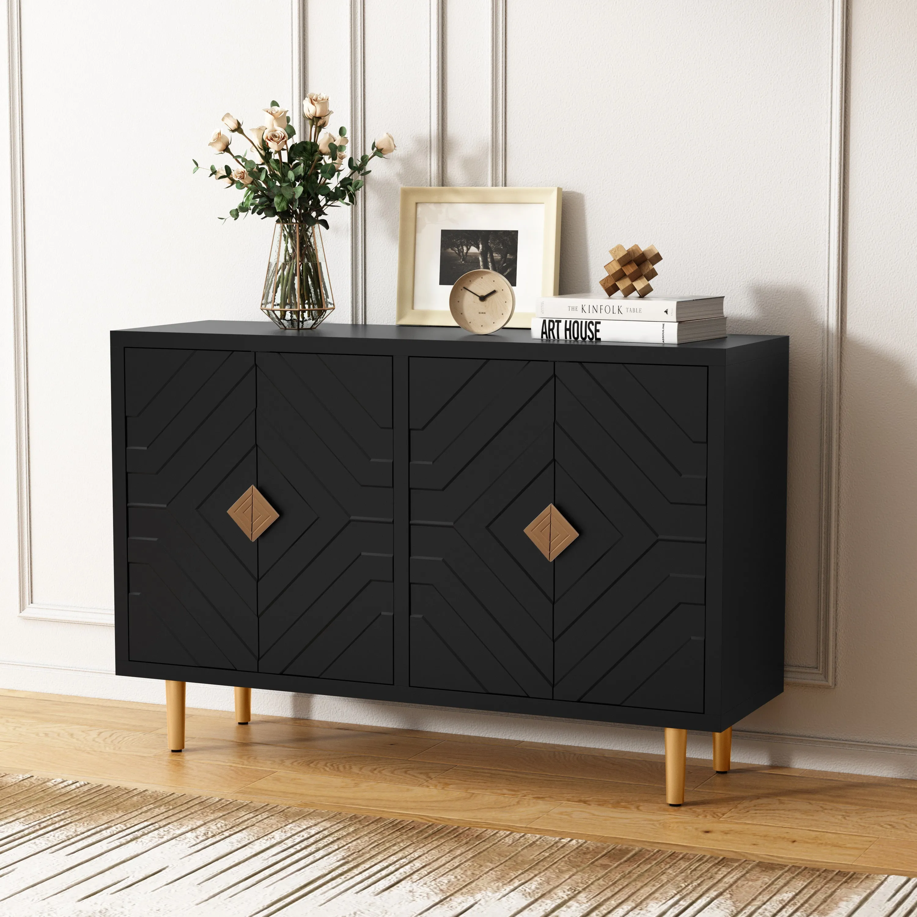 HLR Black Modern Accent Cabinet Decorative Embossed Pattern Doors Sideboard Buffet Credenza with Storage  Stylish Storage for Living Room, Kitchen, Dining & Hallway