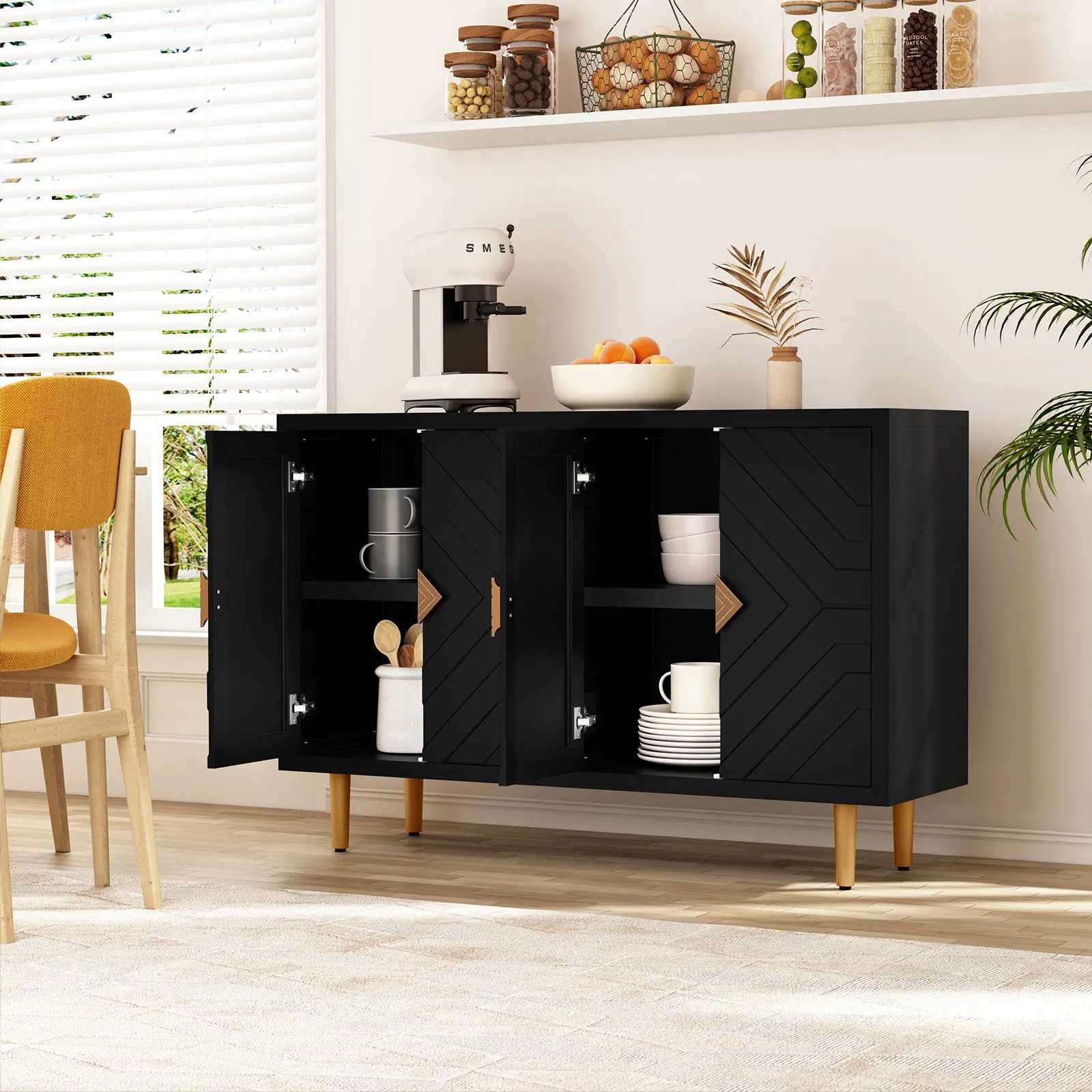 HLR Black Modern Accent Cabinet Decorative Embossed Pattern Doors Sideboard Buffet Credenza with Storage  Stylish Storage for Living Room, Kitchen, Dining & Hallway