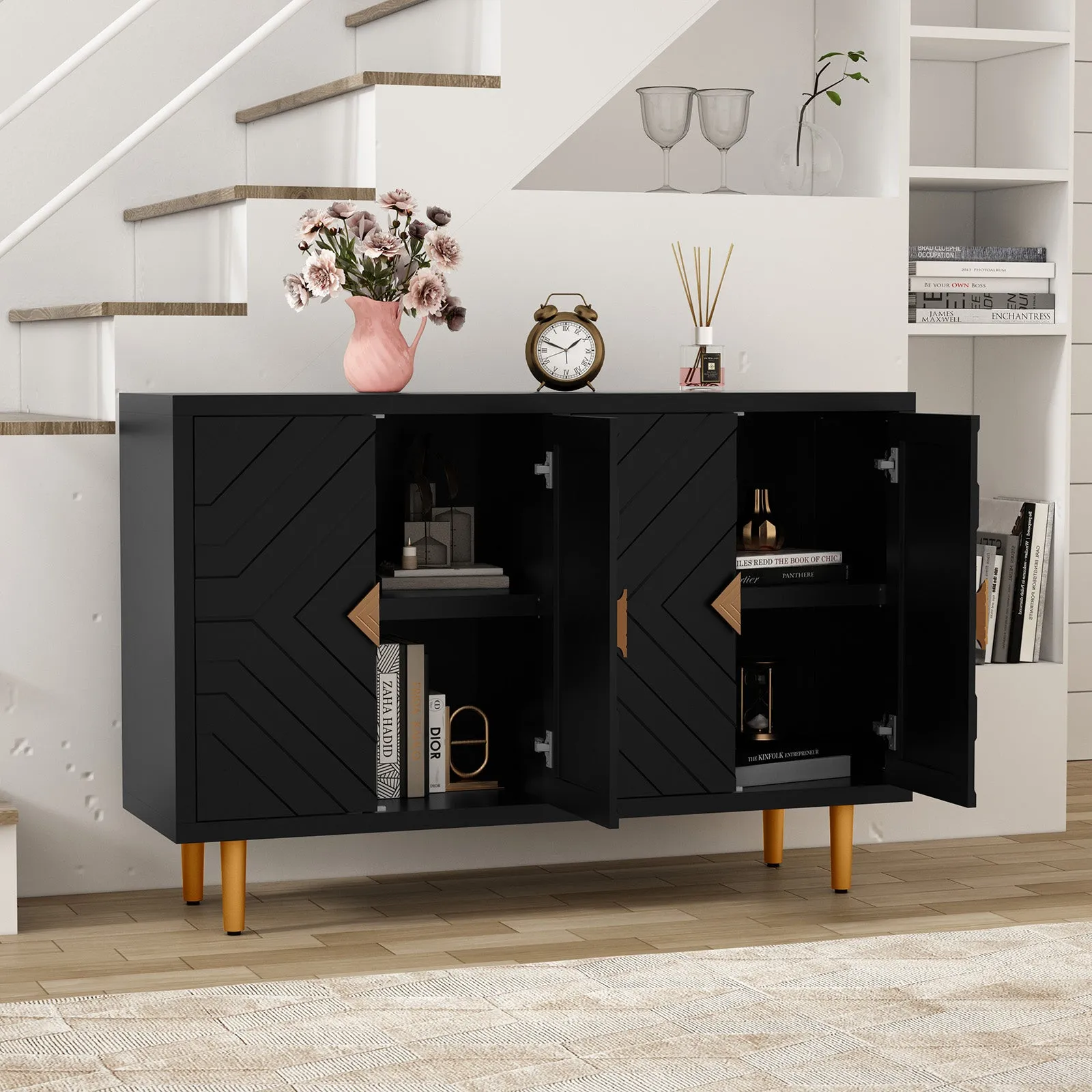 HLR Black Modern Accent Cabinet Decorative Embossed Pattern Doors Sideboard Buffet Credenza with Storage  Stylish Storage for Living Room, Kitchen, Dining & Hallway