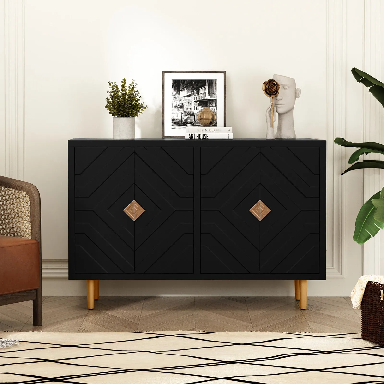 HLR Black Modern Accent Cabinet Decorative Embossed Pattern Doors Sideboard Buffet Credenza with Storage  Stylish Storage for Living Room, Kitchen, Dining & Hallway