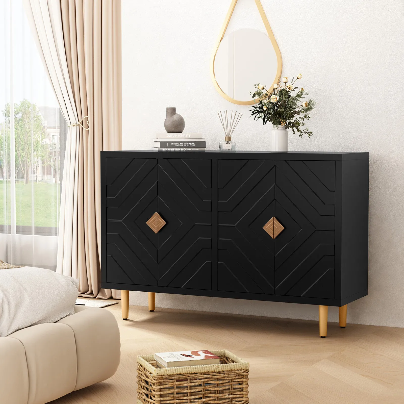 HLR Black Modern Accent Cabinet Decorative Embossed Pattern Doors Sideboard Buffet Credenza with Storage  Stylish Storage for Living Room, Kitchen, Dining & Hallway