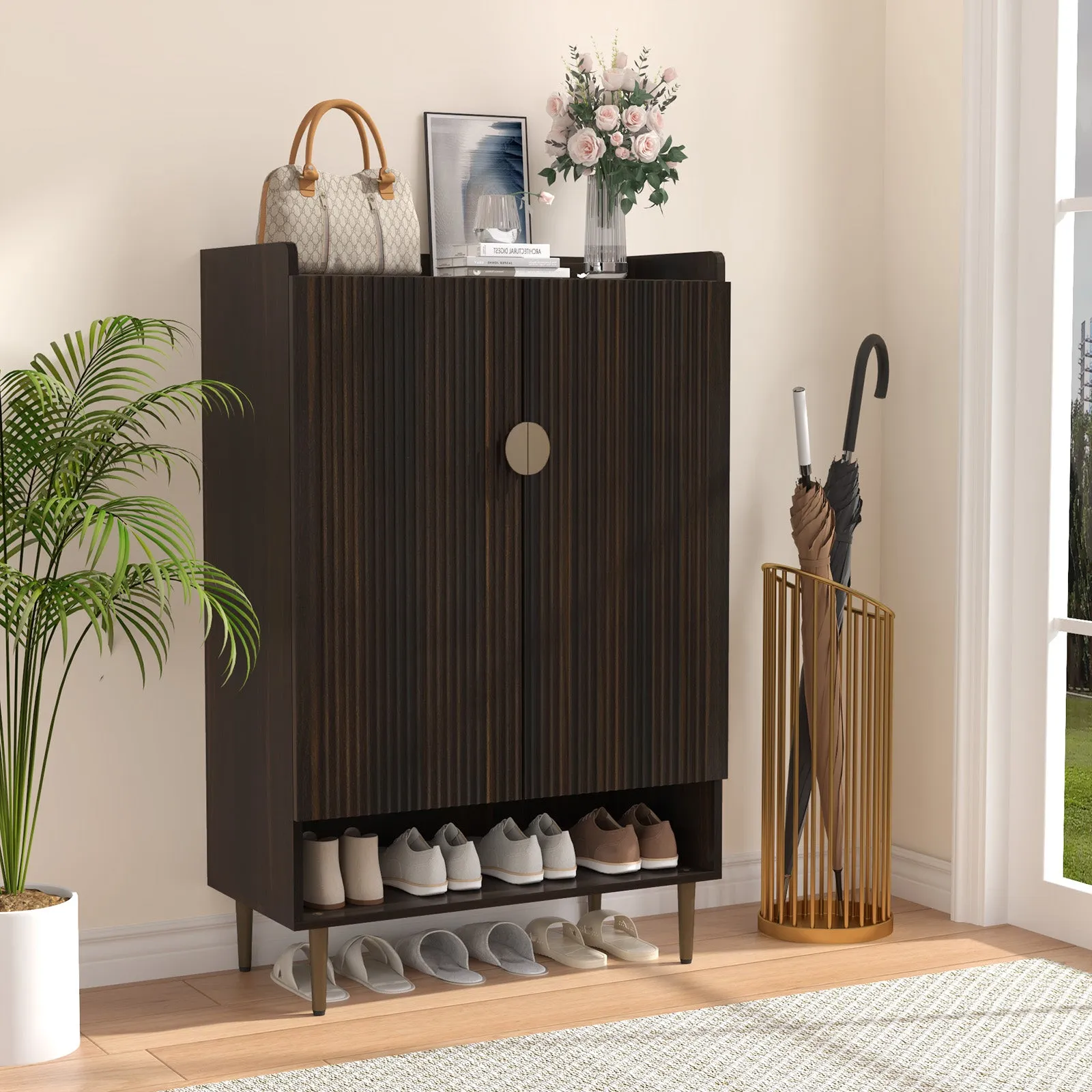 HLR Brown 6-Tier Modern Shoe Cabinet Fluted Doors, Wooden Rack & Adjustable Shelves  Stylish Storage for Entryway, Living Room & Front Door