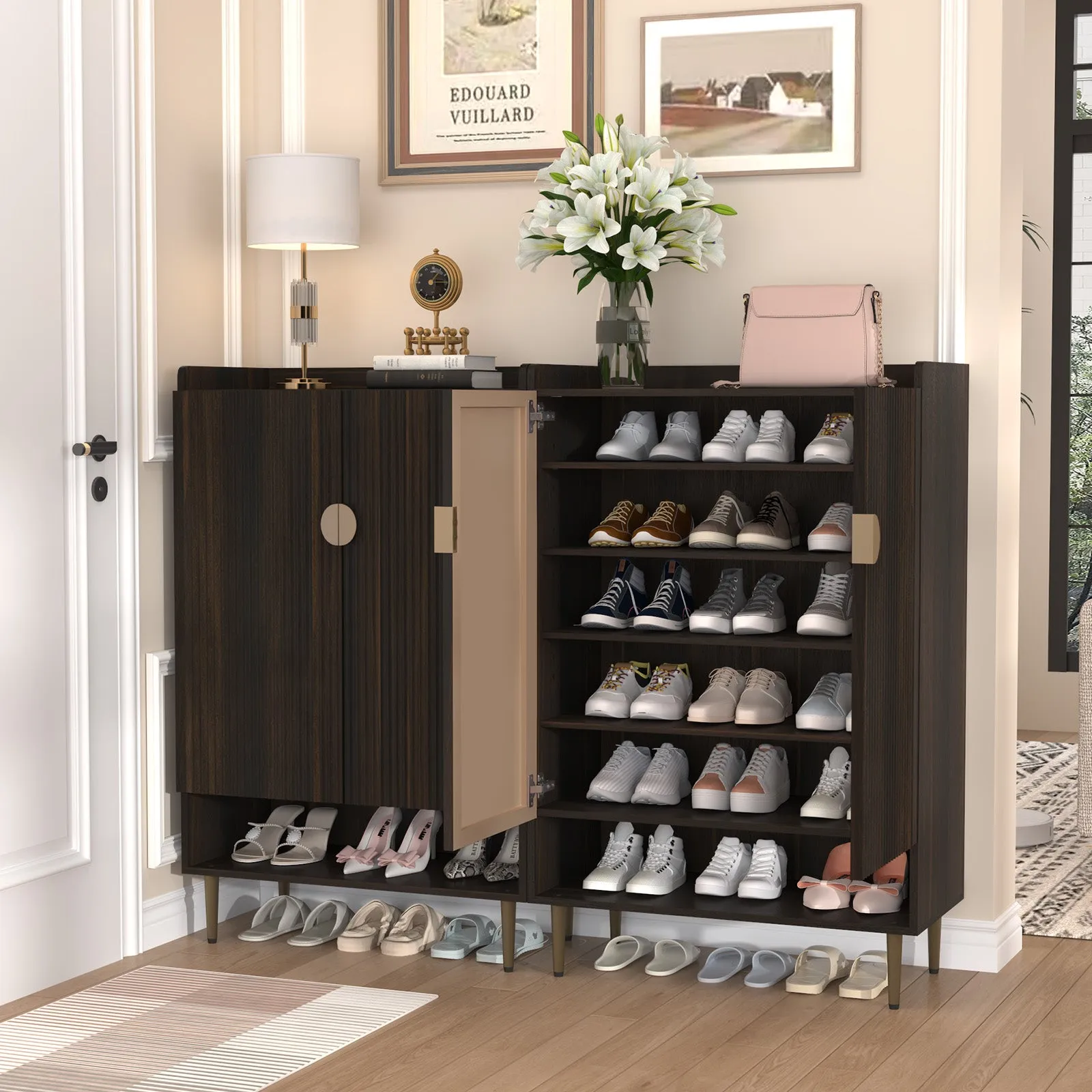 HLR Brown 6-Tier Modern Shoe Cabinet Fluted Doors, Wooden Rack & Adjustable Shelves  Stylish Storage for Entryway, Living Room & Front Door