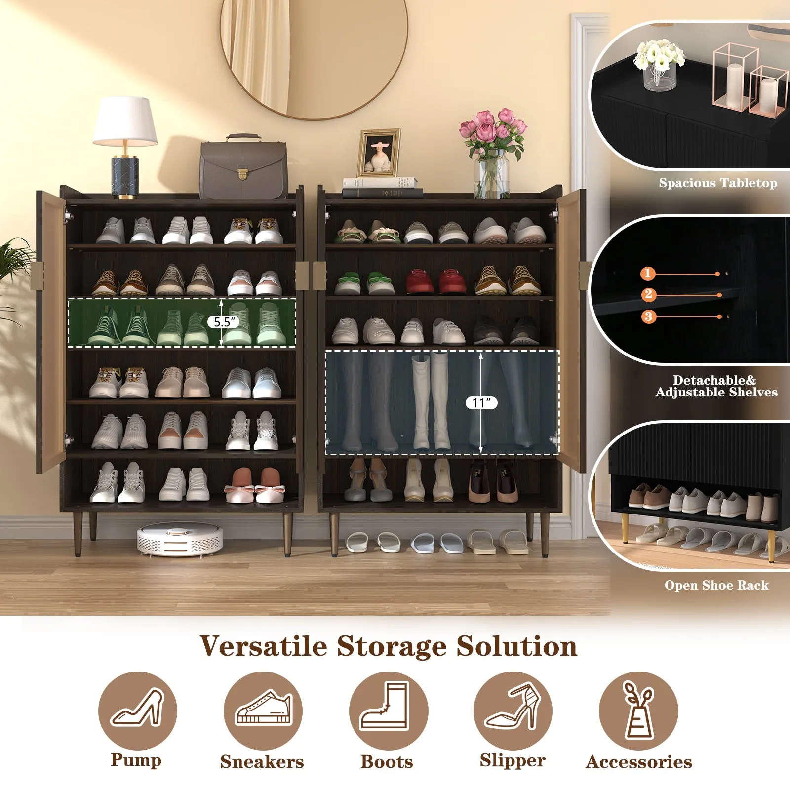 HLR Brown 6-Tier Modern Shoe Cabinet Fluted Doors, Wooden Rack & Adjustable Shelves  Stylish Storage for Entryway, Living Room & Front Door