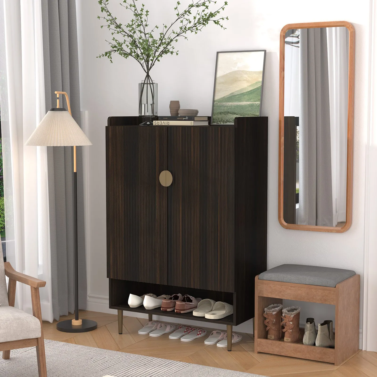 HLR Brown 6-Tier Modern Shoe Cabinet Fluted Doors, Wooden Rack & Adjustable Shelves  Stylish Storage for Entryway, Living Room & Front Door