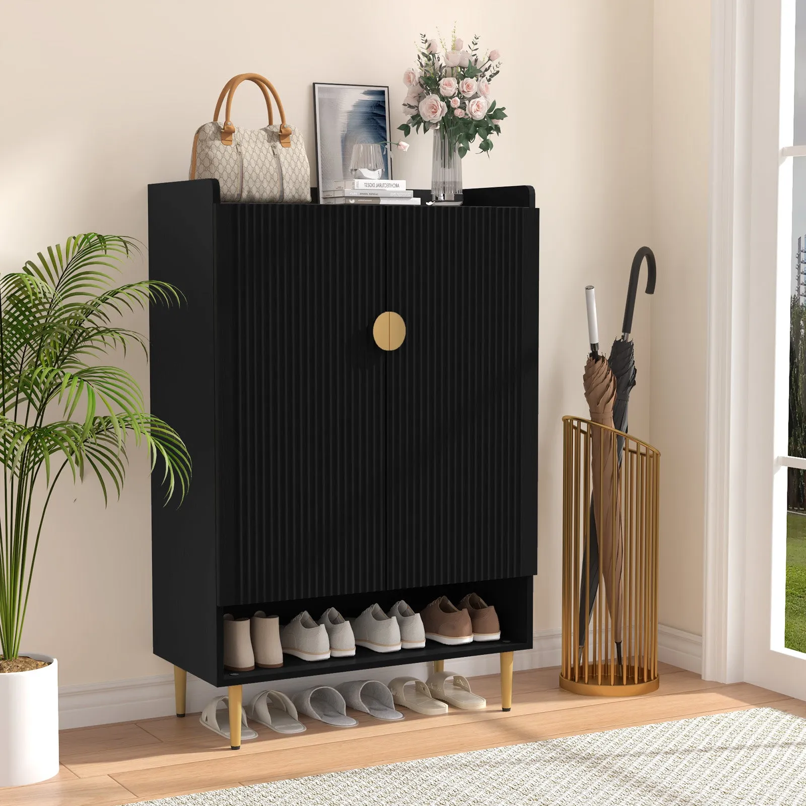 HLR Brown 6-Tier Modern Shoe Cabinet Fluted Doors, Wooden Rack & Adjustable Shelves  Stylish Storage for Entryway, Living Room & Front Door