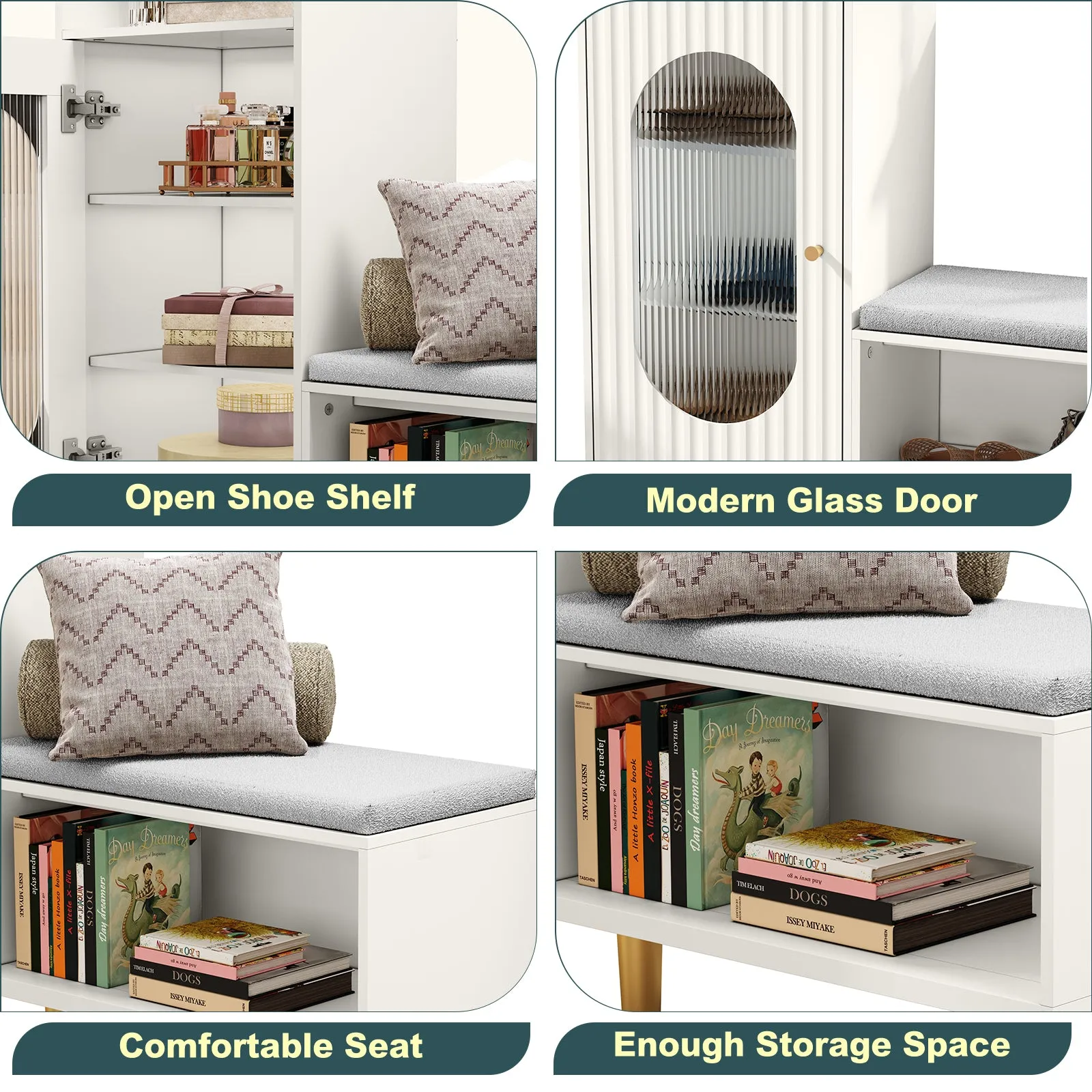 HLR Green Modern Shoe Cabinet Bench with Glass Door, Shelf & Padded Seat  Multifunctional Storage for Entryway, Hallway, Living Room & Bedroom