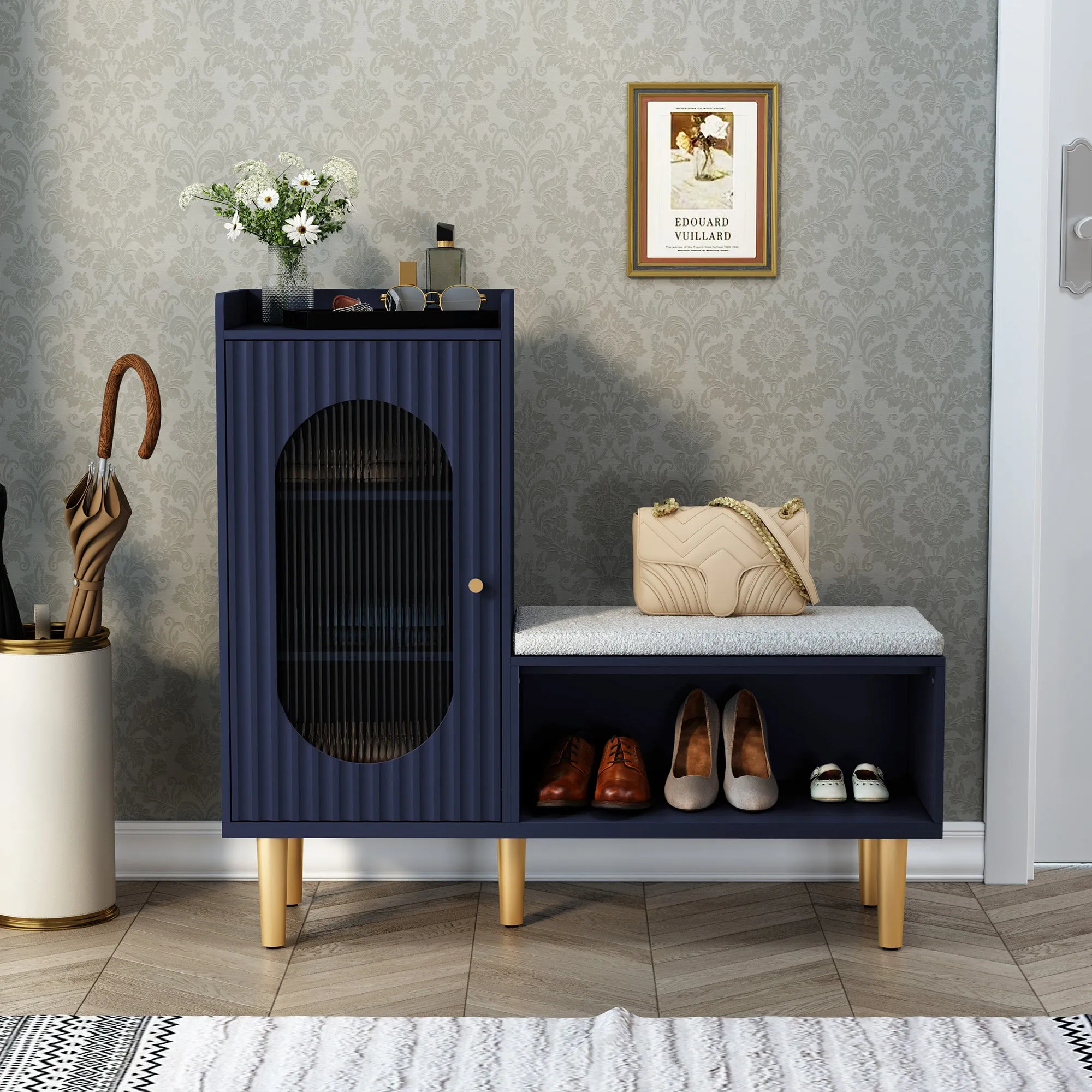 HLR Green Modern Shoe Cabinet Bench with Glass Door, Shelf & Padded Seat  Multifunctional Storage for Entryway, Hallway, Living Room & Bedroom
