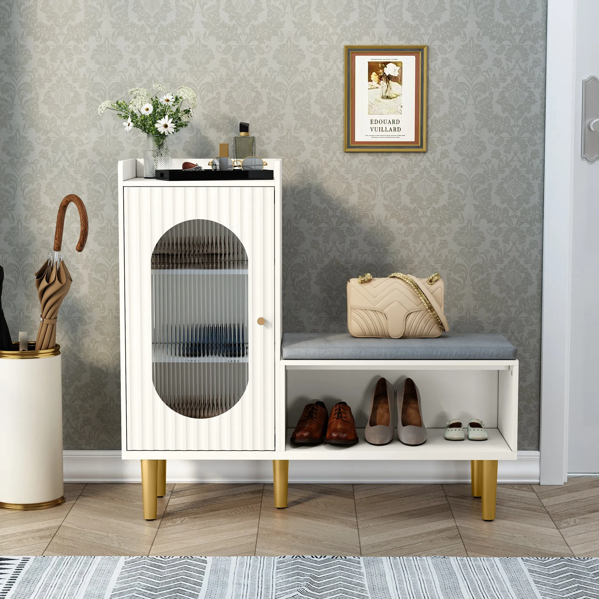 HLR Green Modern Shoe Cabinet Bench with Glass Door, Shelf & Padded Seat  Multifunctional Storage for Entryway, Hallway, Living Room & Bedroom