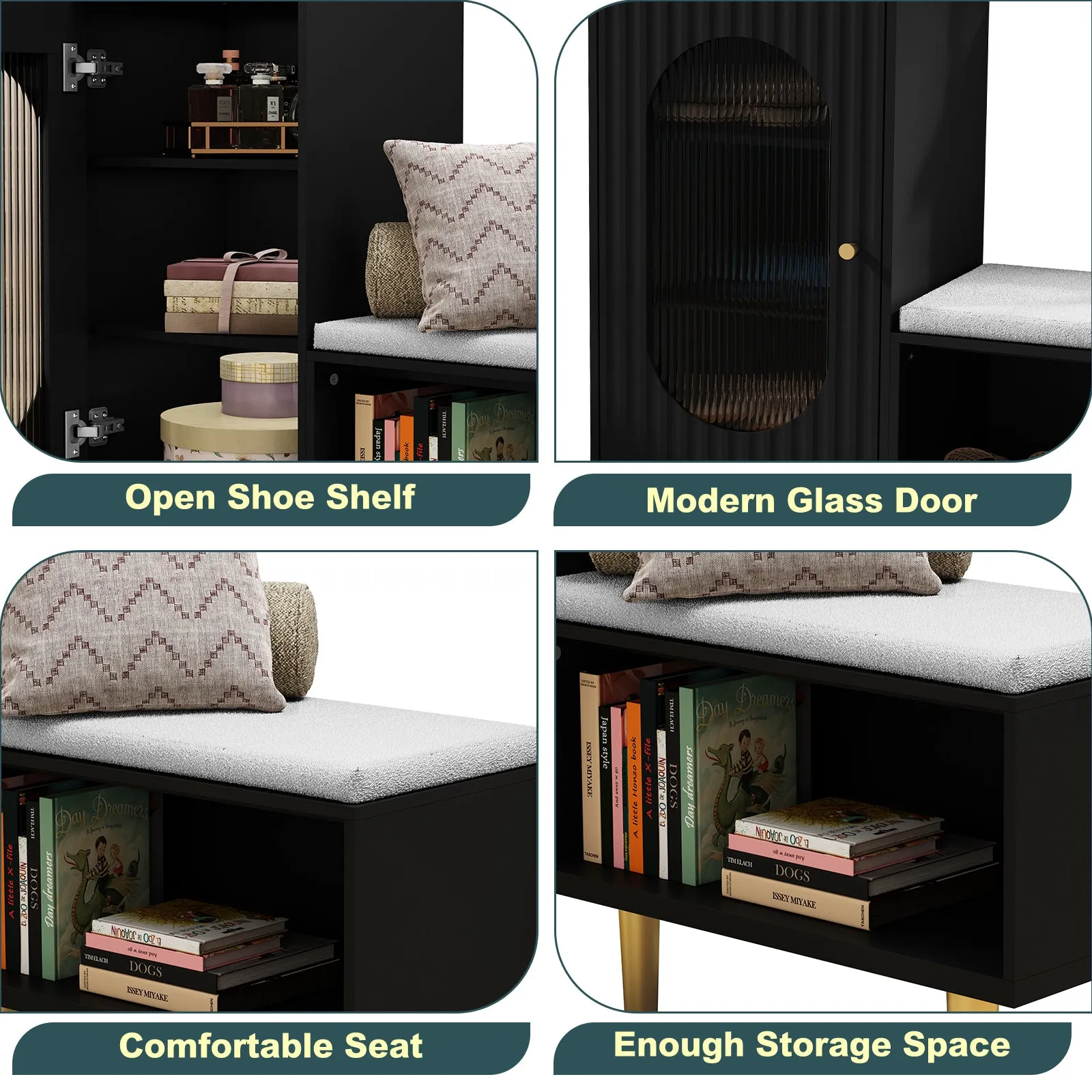 HLR Green Modern Shoe Cabinet Bench with Glass Door, Shelf & Padded Seat  Multifunctional Storage for Entryway, Hallway, Living Room & Bedroom
