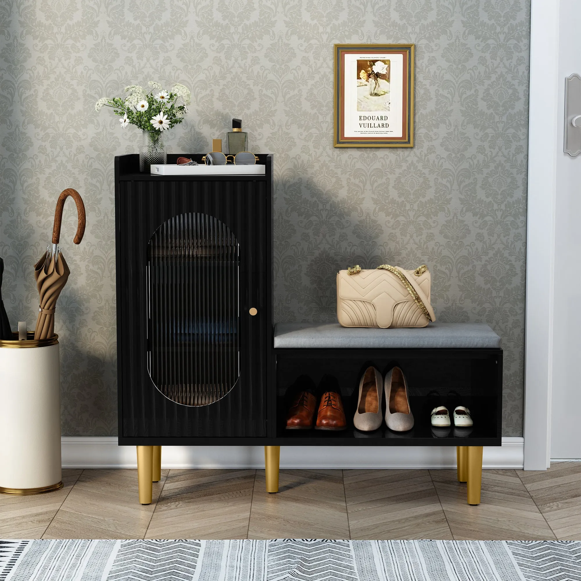 HLR Green Modern Shoe Cabinet Bench with Glass Door, Shelf & Padded Seat  Multifunctional Storage for Entryway, Hallway, Living Room & Bedroom