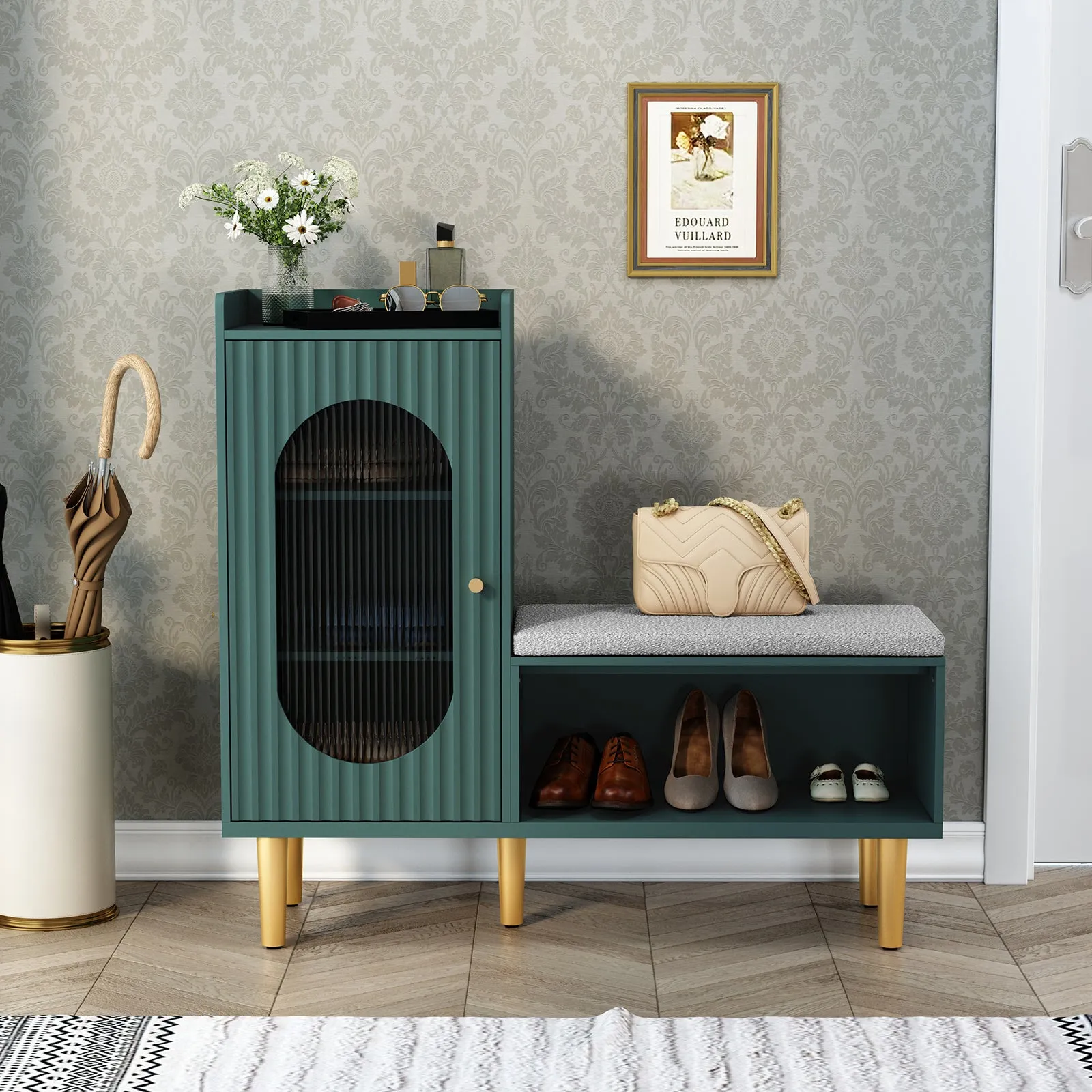 HLR Green Modern Shoe Cabinet Bench with Glass Door, Shelf & Padded Seat  Multifunctional Storage for Entryway, Hallway, Living Room & Bedroom