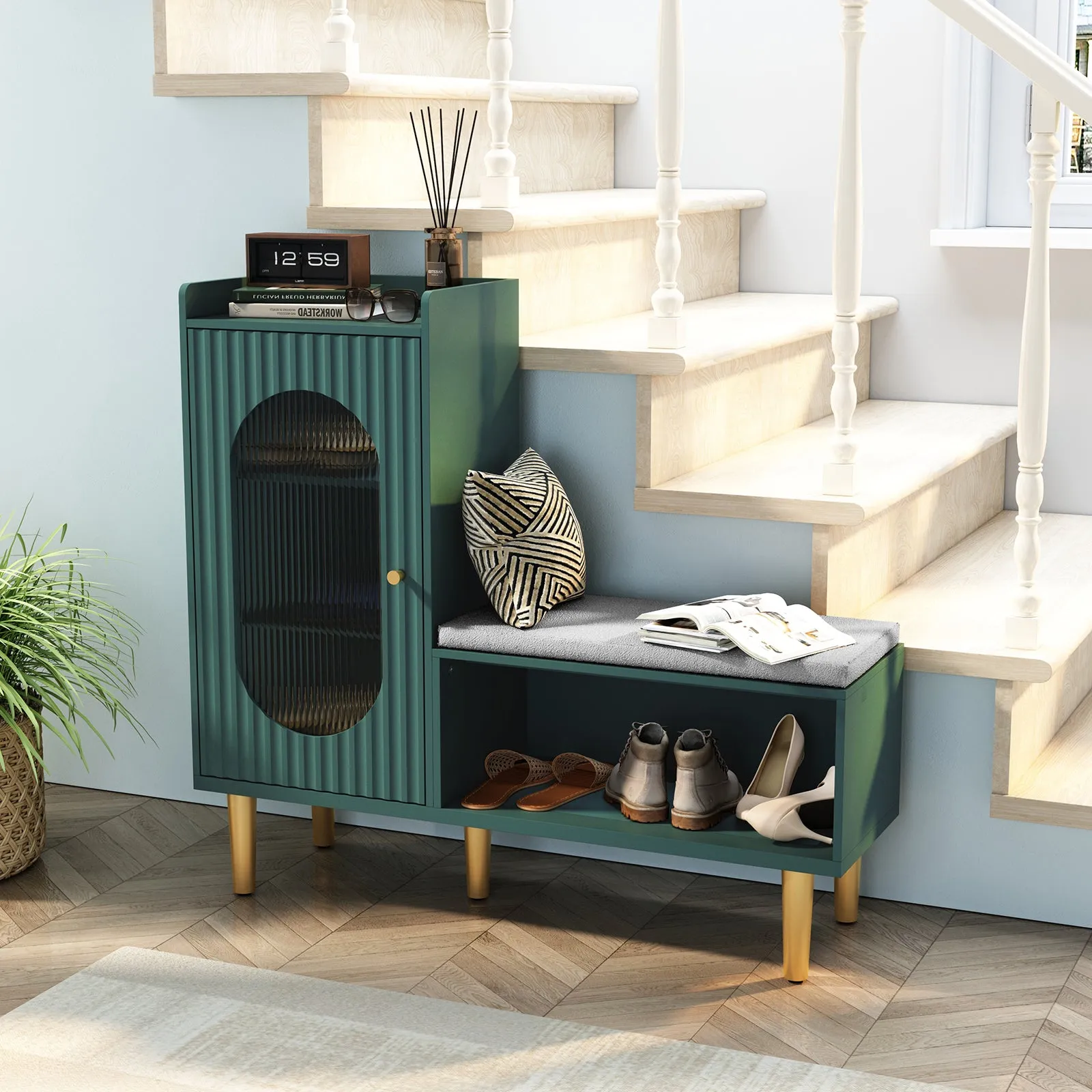 HLR Green Modern Shoe Cabinet Bench with Glass Door, Shelf & Padded Seat  Multifunctional Storage for Entryway, Hallway, Living Room & Bedroom