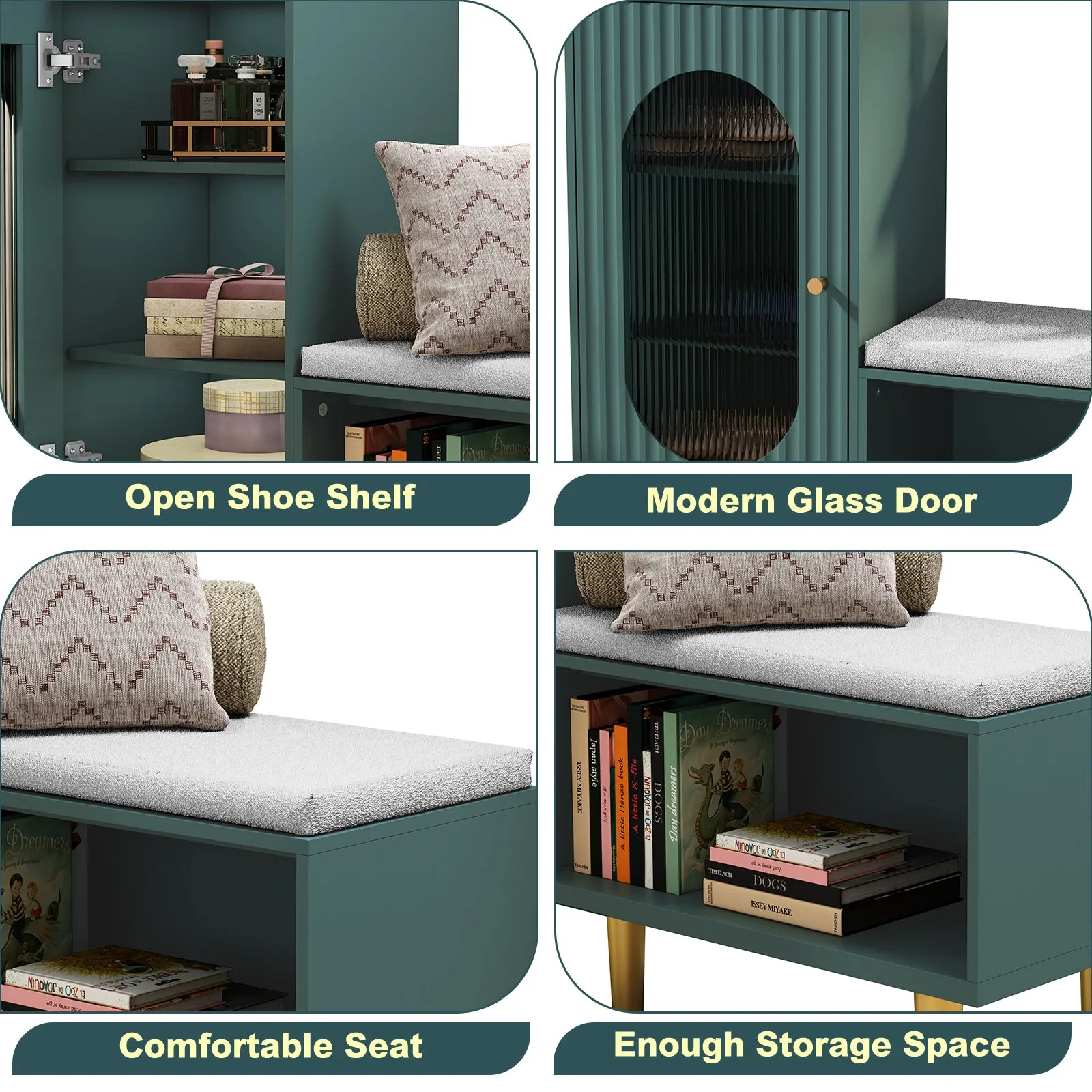 HLR Green Modern Shoe Cabinet Bench with Glass Door, Shelf & Padded Seat  Multifunctional Storage for Entryway, Hallway, Living Room & Bedroom