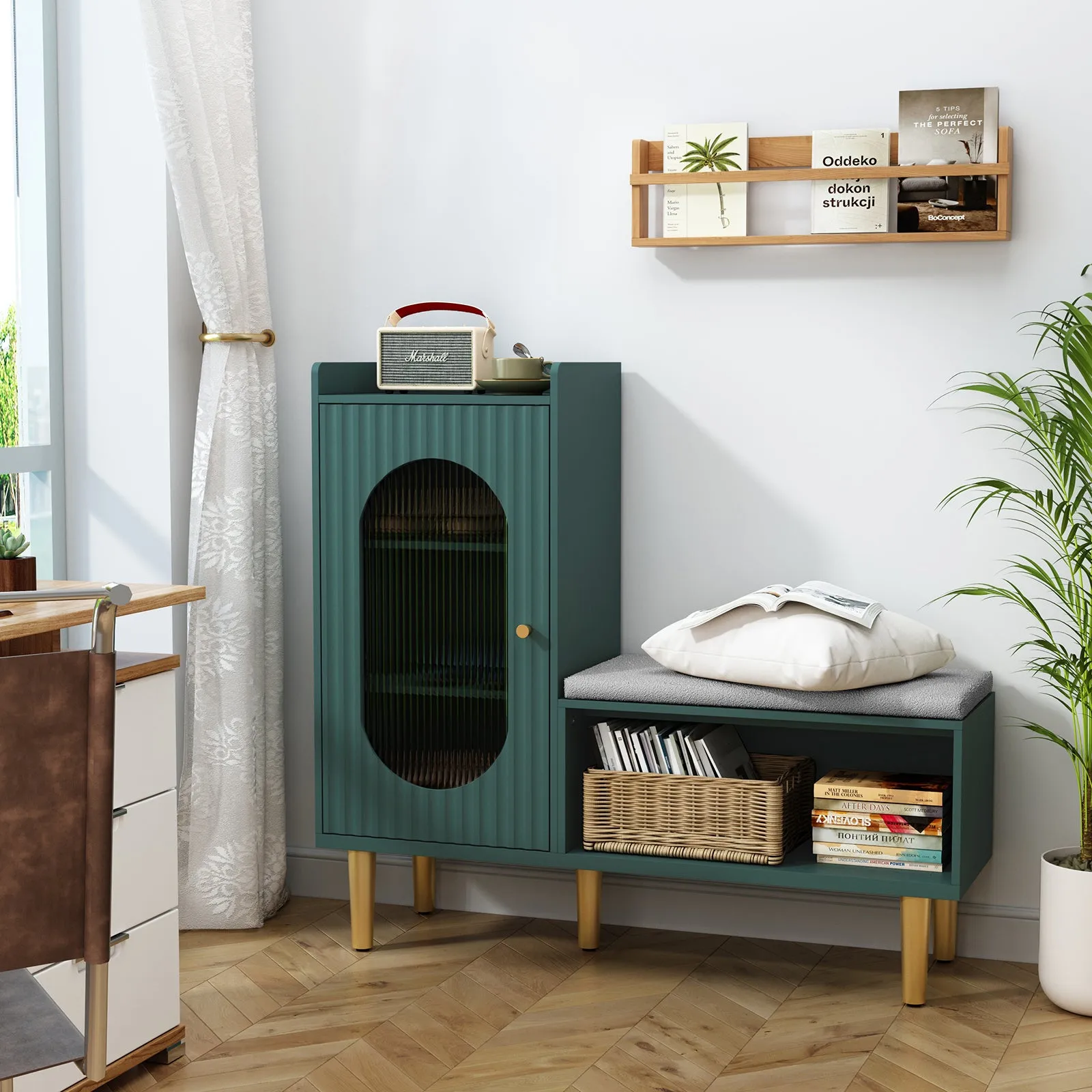 HLR Green Modern Shoe Cabinet Bench with Glass Door, Shelf & Padded Seat  Multifunctional Storage for Entryway, Hallway, Living Room & Bedroom