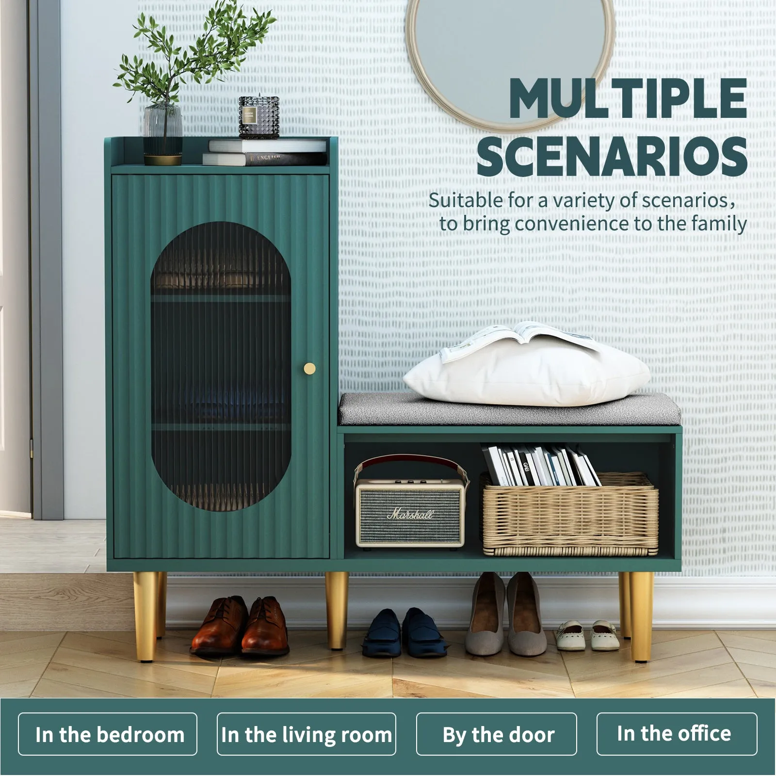 HLR Green Modern Shoe Cabinet Bench with Glass Door, Shelf & Padded Seat  Multifunctional Storage for Entryway, Hallway, Living Room & Bedroom