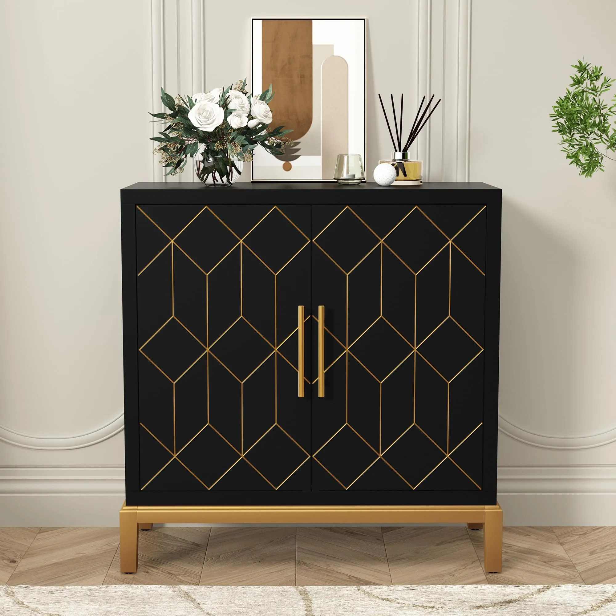 HLR Green Modern Wooden Accent Sideboard with Carved Decorative Doors, Storage Cabinet for Living, Kitchen, Office & Hallway