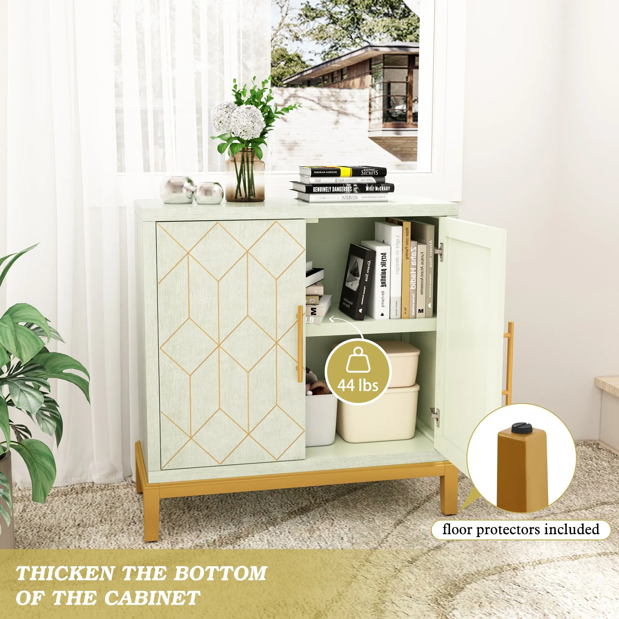 HLR Green Modern Wooden Accent Sideboard with Carved Decorative Doors, Storage Cabinet for Living, Kitchen, Office & Hallway