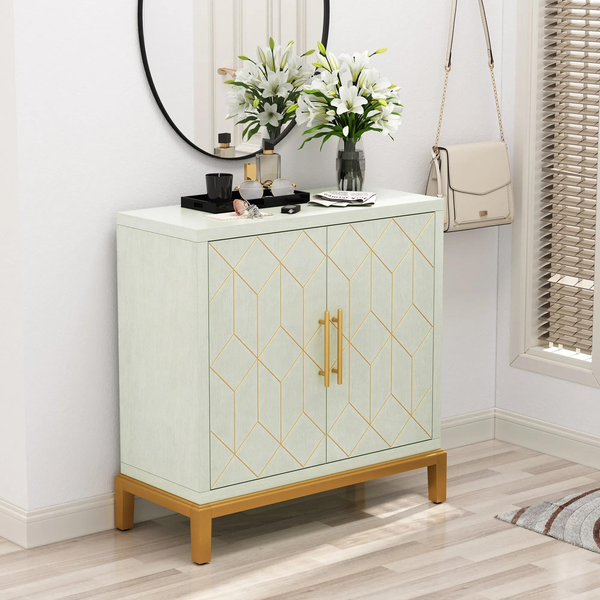 HLR Green Modern Wooden Accent Sideboard with Carved Decorative Doors, Storage Cabinet for Living, Kitchen, Office & Hallway