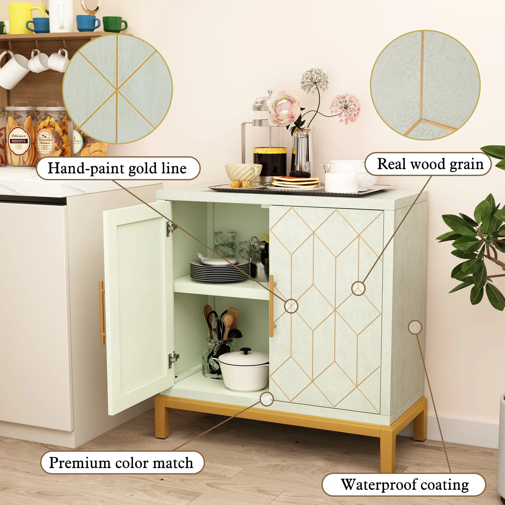HLR Green Modern Wooden Accent Sideboard with Carved Decorative Doors, Storage Cabinet for Living, Kitchen, Office & Hallway