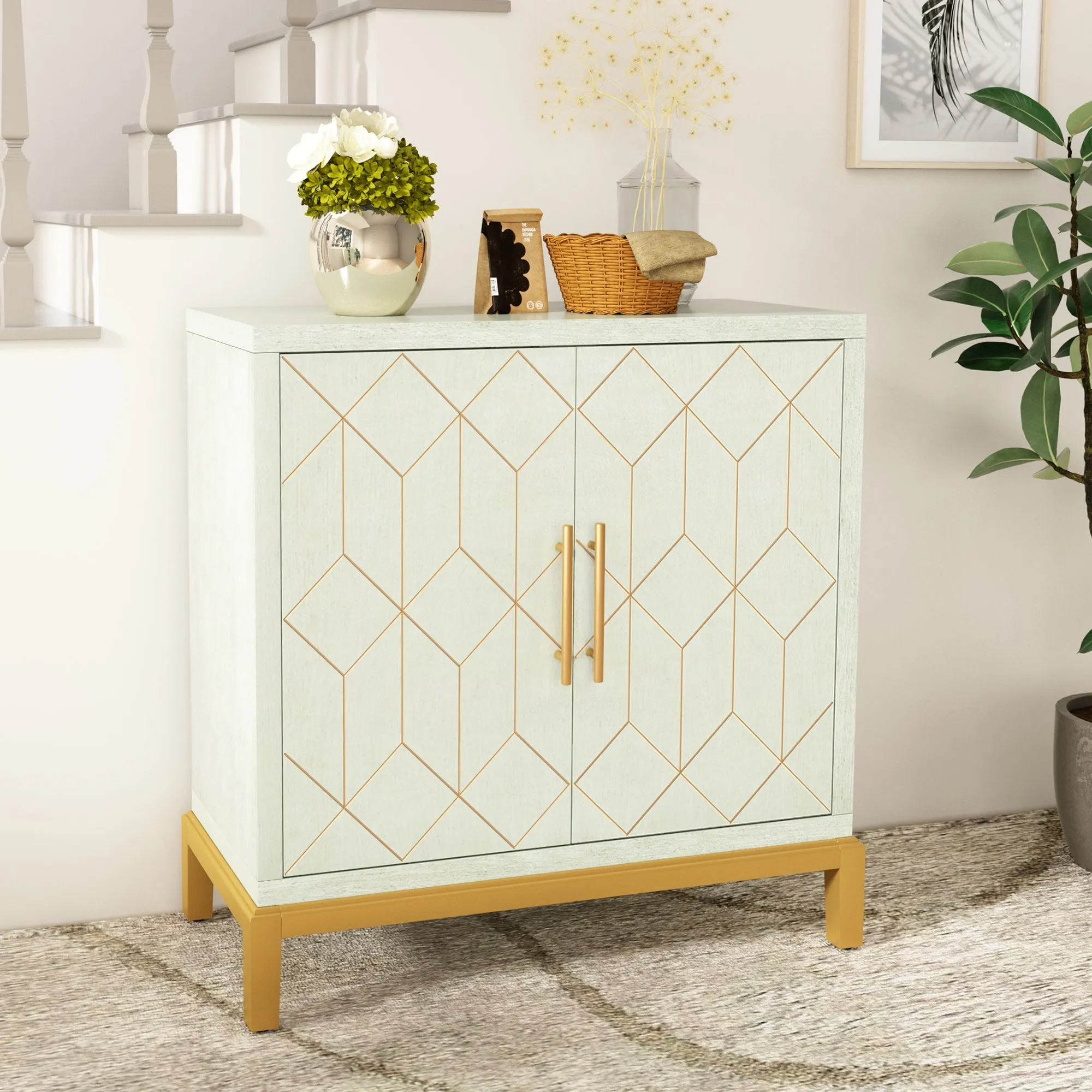 HLR Green Modern Wooden Accent Sideboard with Carved Decorative Doors, Storage Cabinet for Living, Kitchen, Office & Hallway