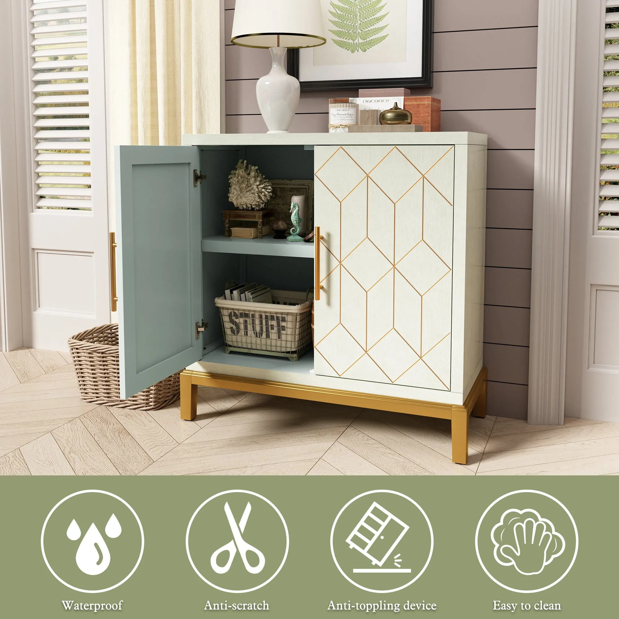 HLR Green Modern Wooden Accent Sideboard with Carved Decorative Doors, Storage Cabinet for Living, Kitchen, Office & Hallway