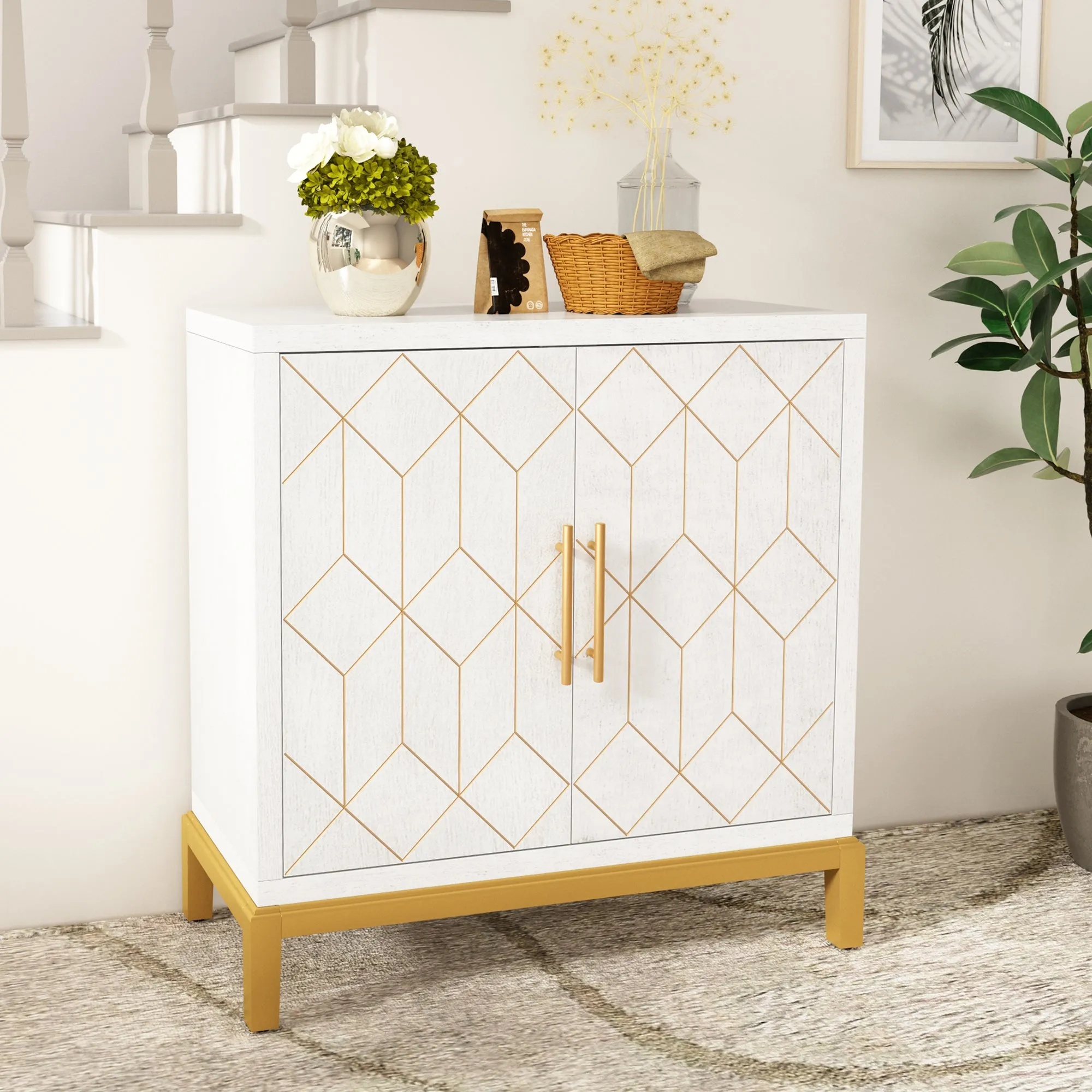 HLR Green Modern Wooden Accent Sideboard with Carved Decorative Doors, Storage Cabinet for Living, Kitchen, Office & Hallway