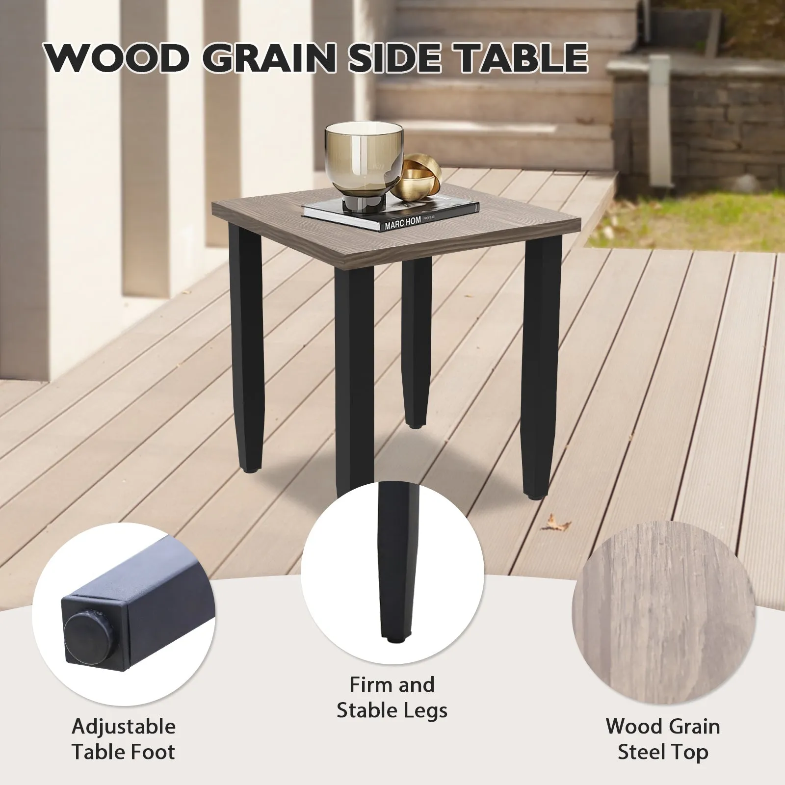 Modern Outdoor Side Table, Wood Grain Top